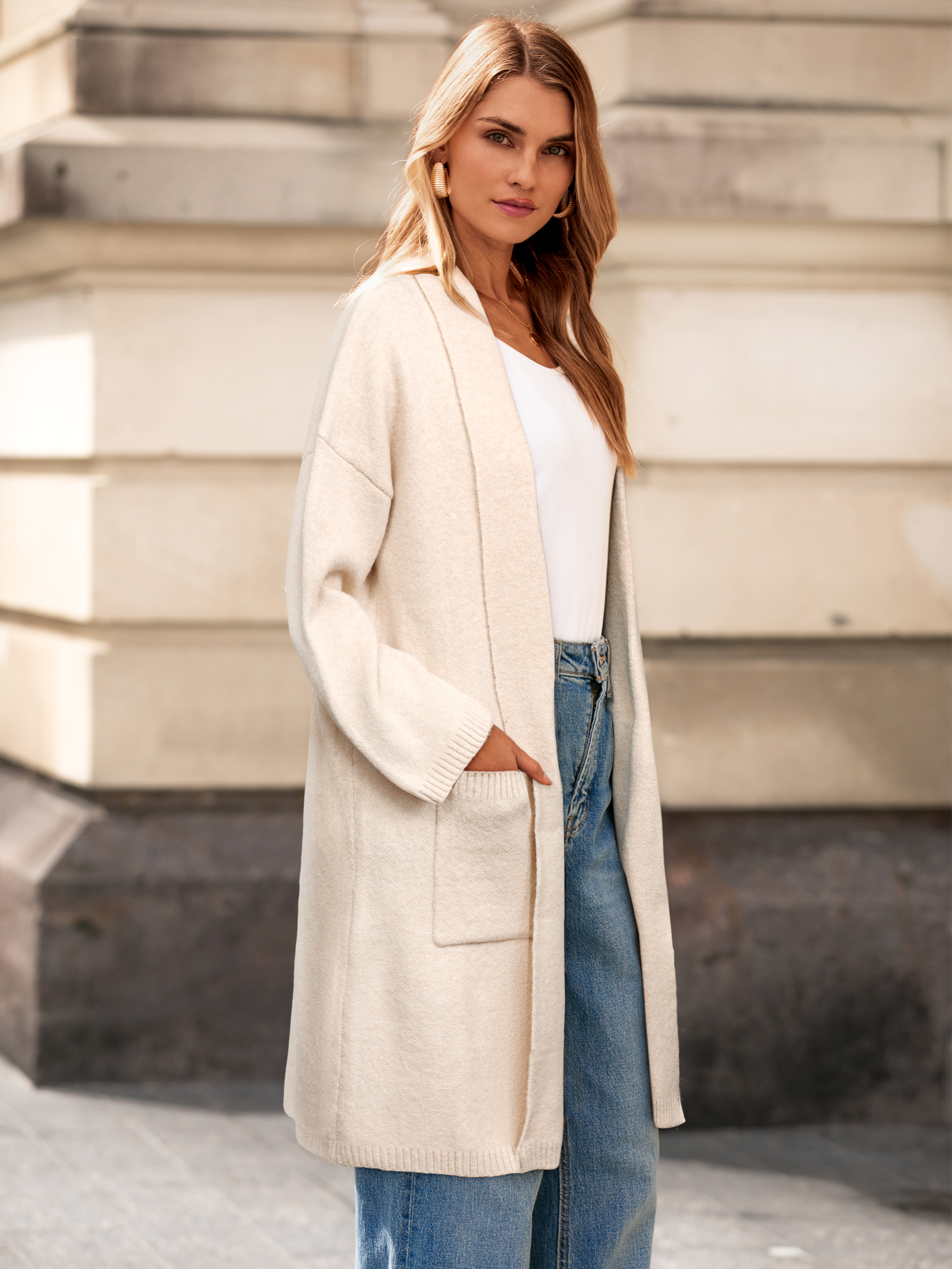 Color Block Open Front Long Knit Cardigan - Apricot