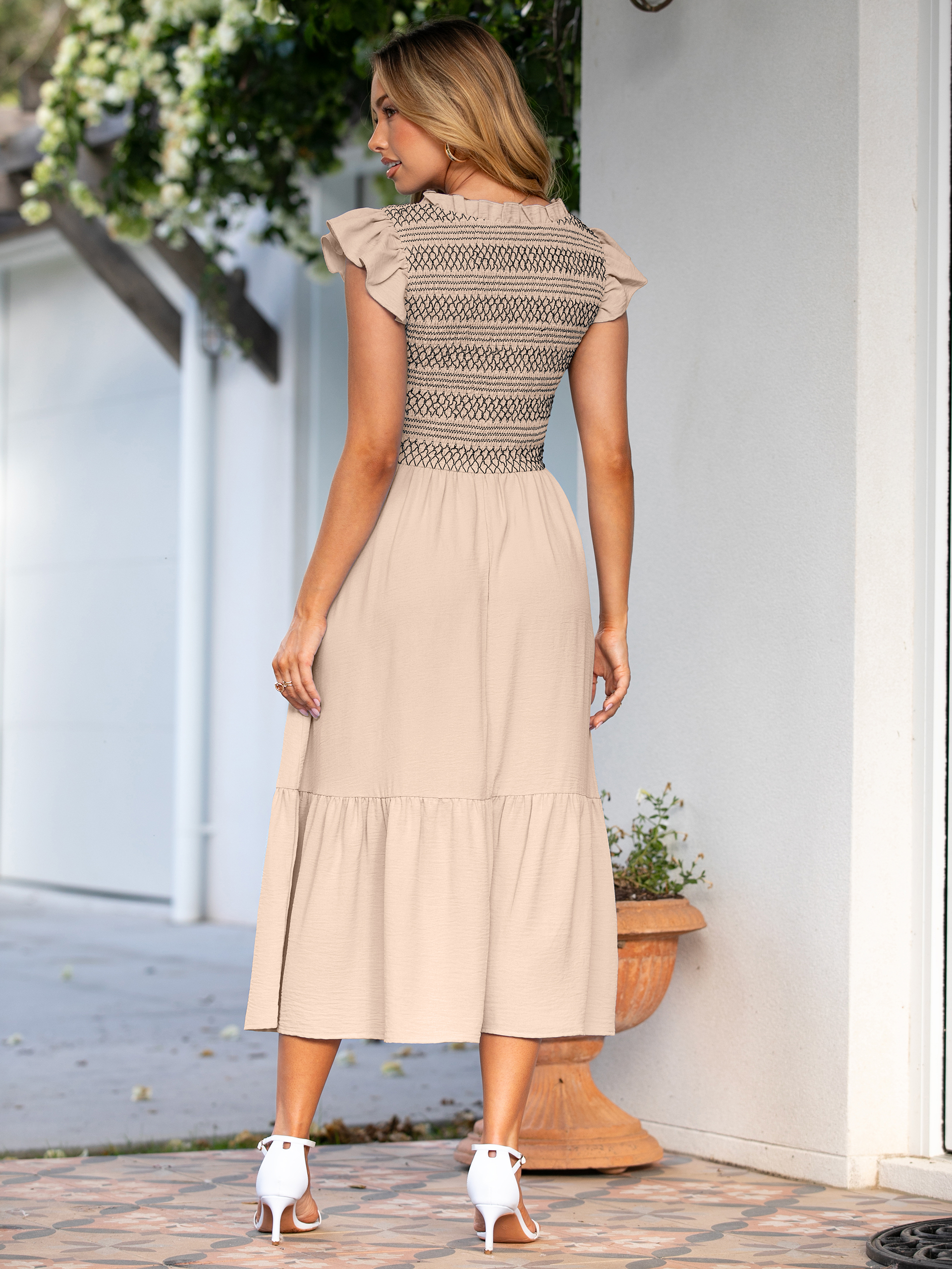 Flutter Sleeve Embroidered A Line Tiered Maxi Dress
