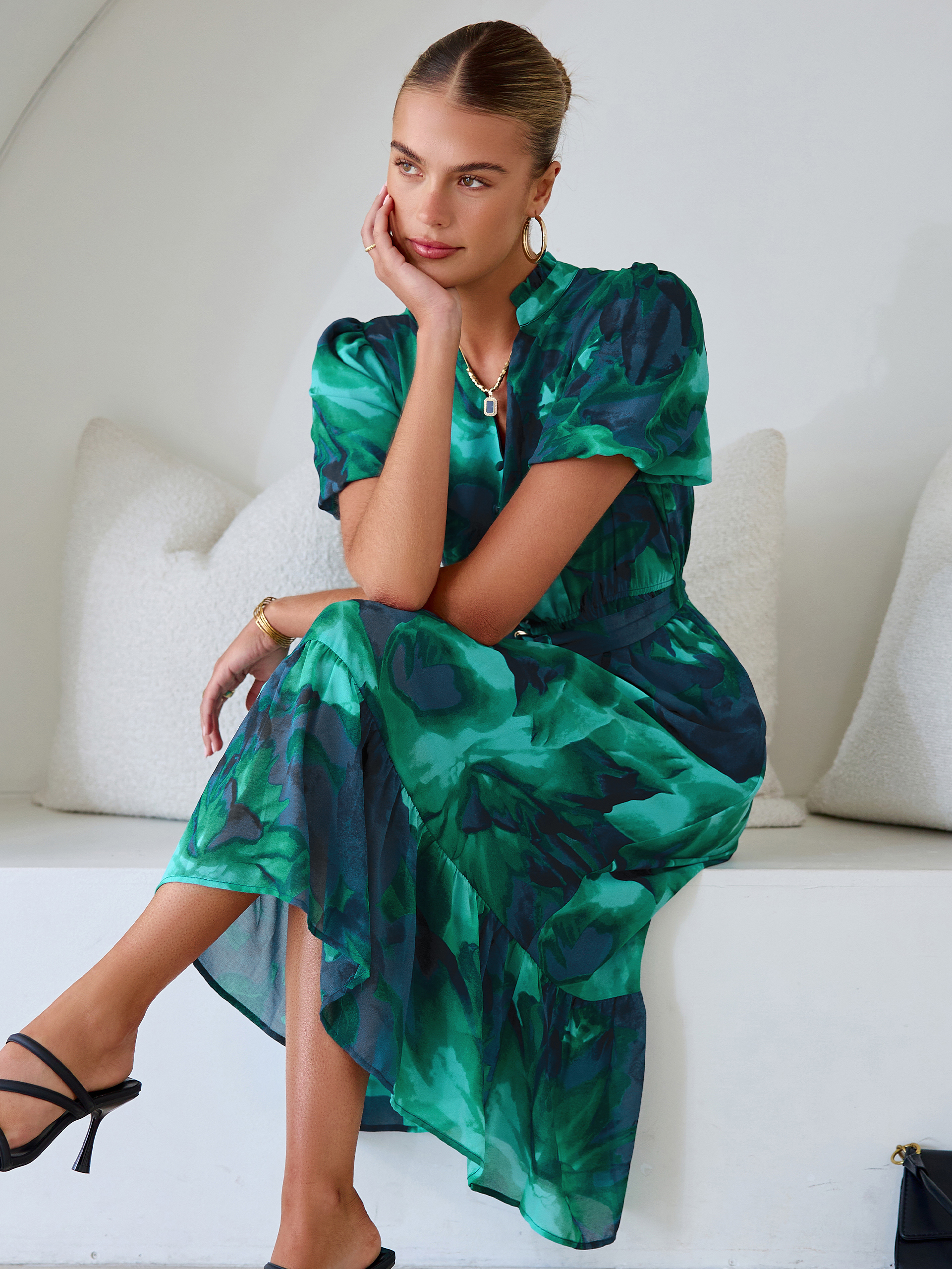 Floral V Neck Belted Tiered Maxi Dress