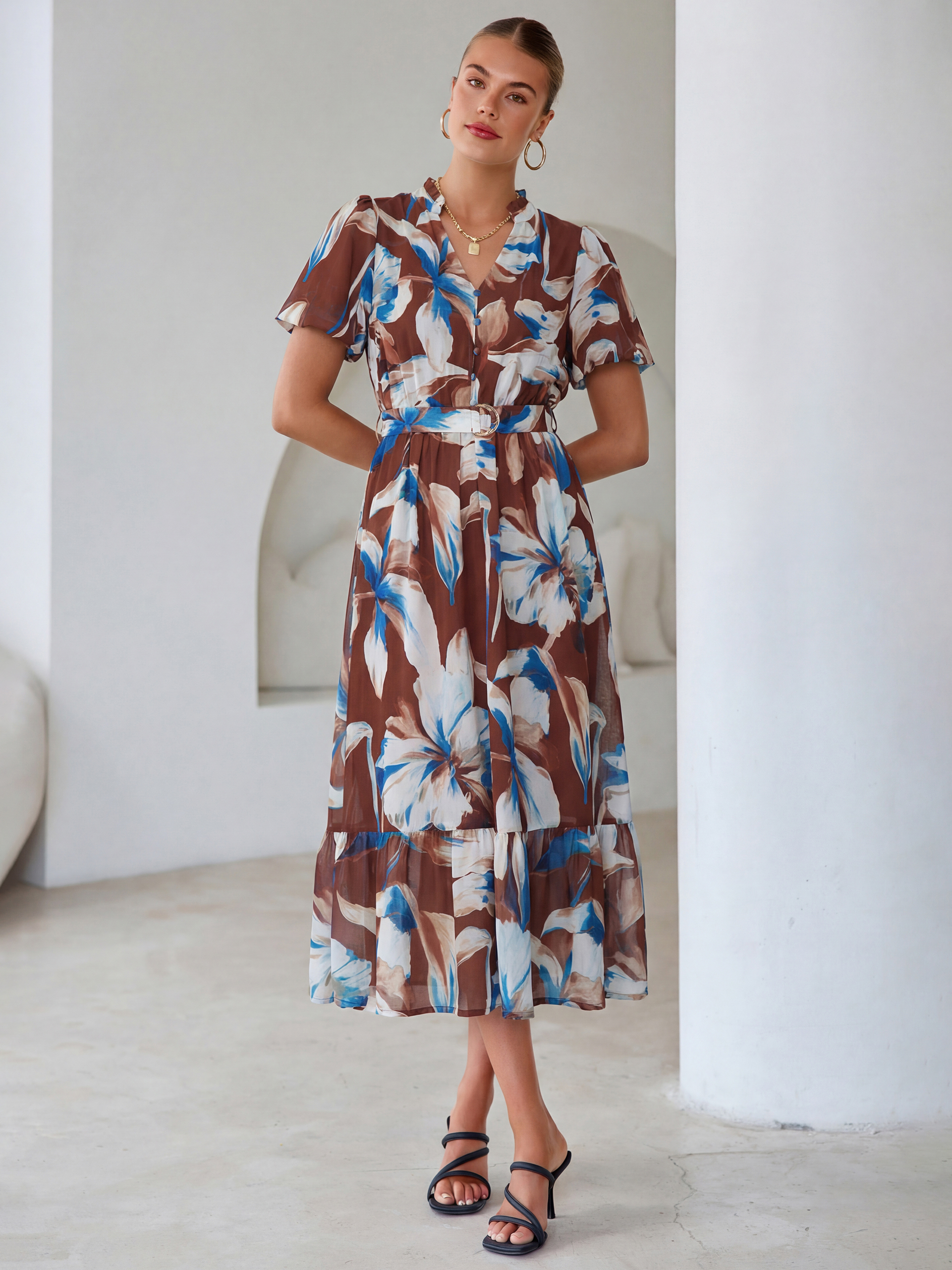 Floral V Neck Belted Tiered Maxi Dress