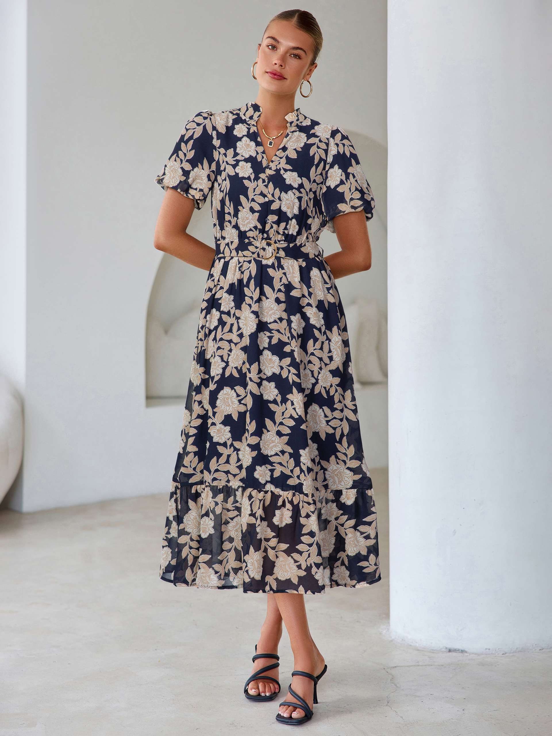 Floral V Neck Belted Tiered Maxi Dress
