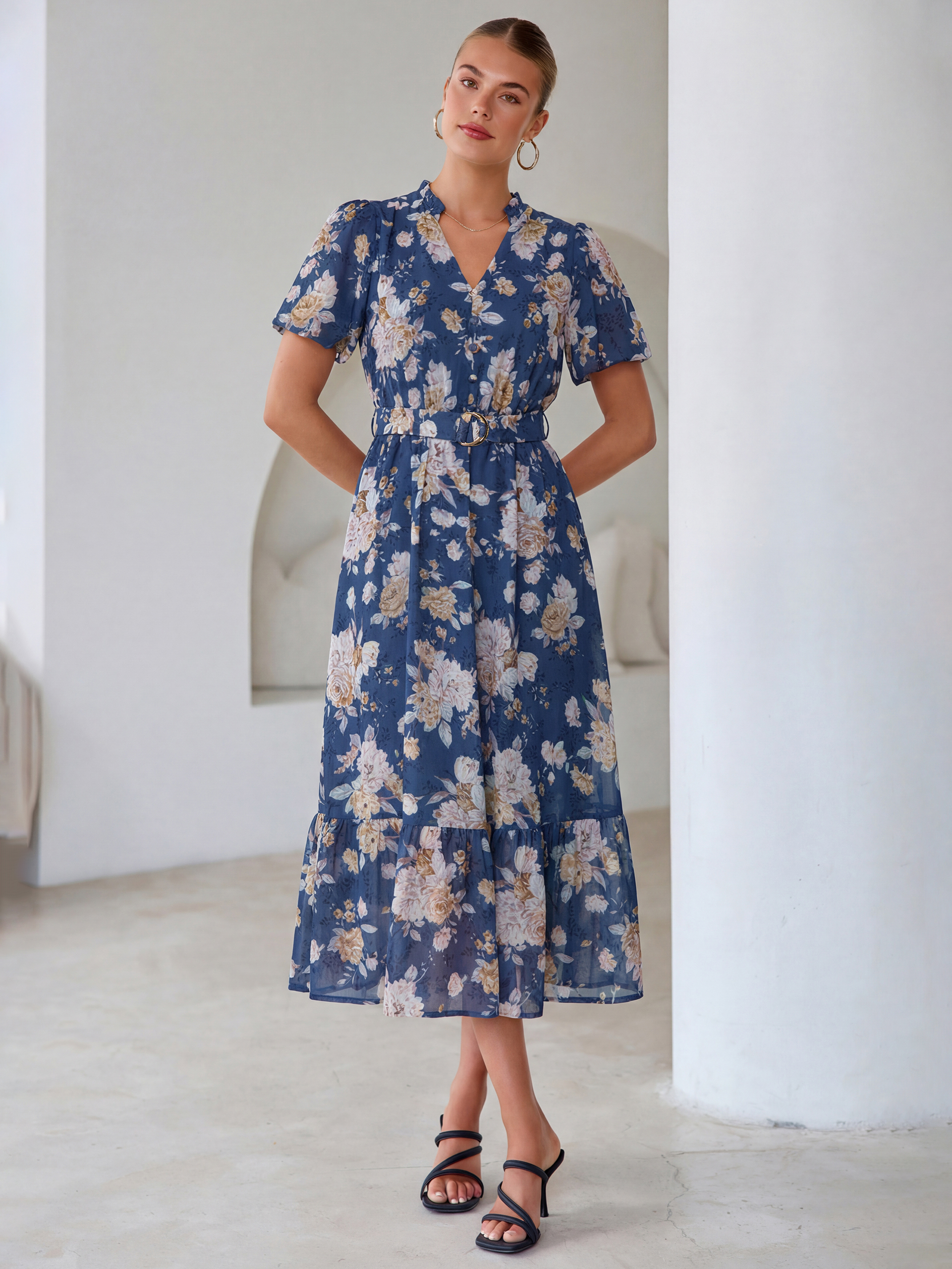 Floral V Neck Belted Tiered Maxi Dress