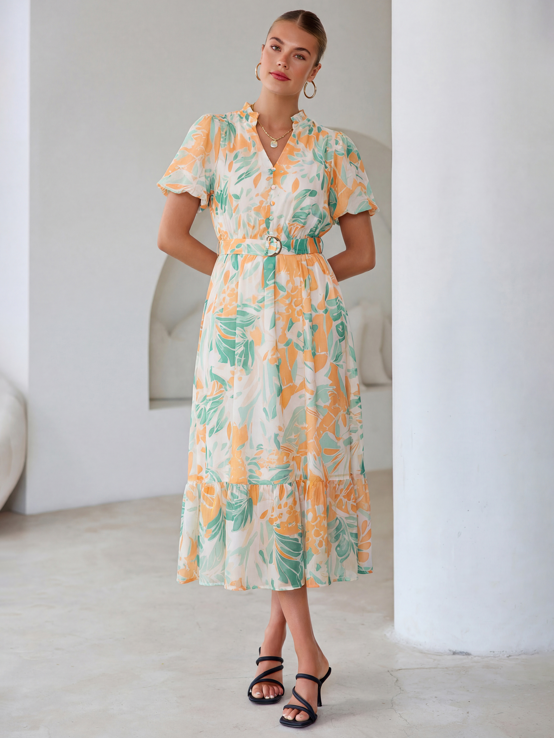 Floral V Neck Belted Tiered Maxi Dress