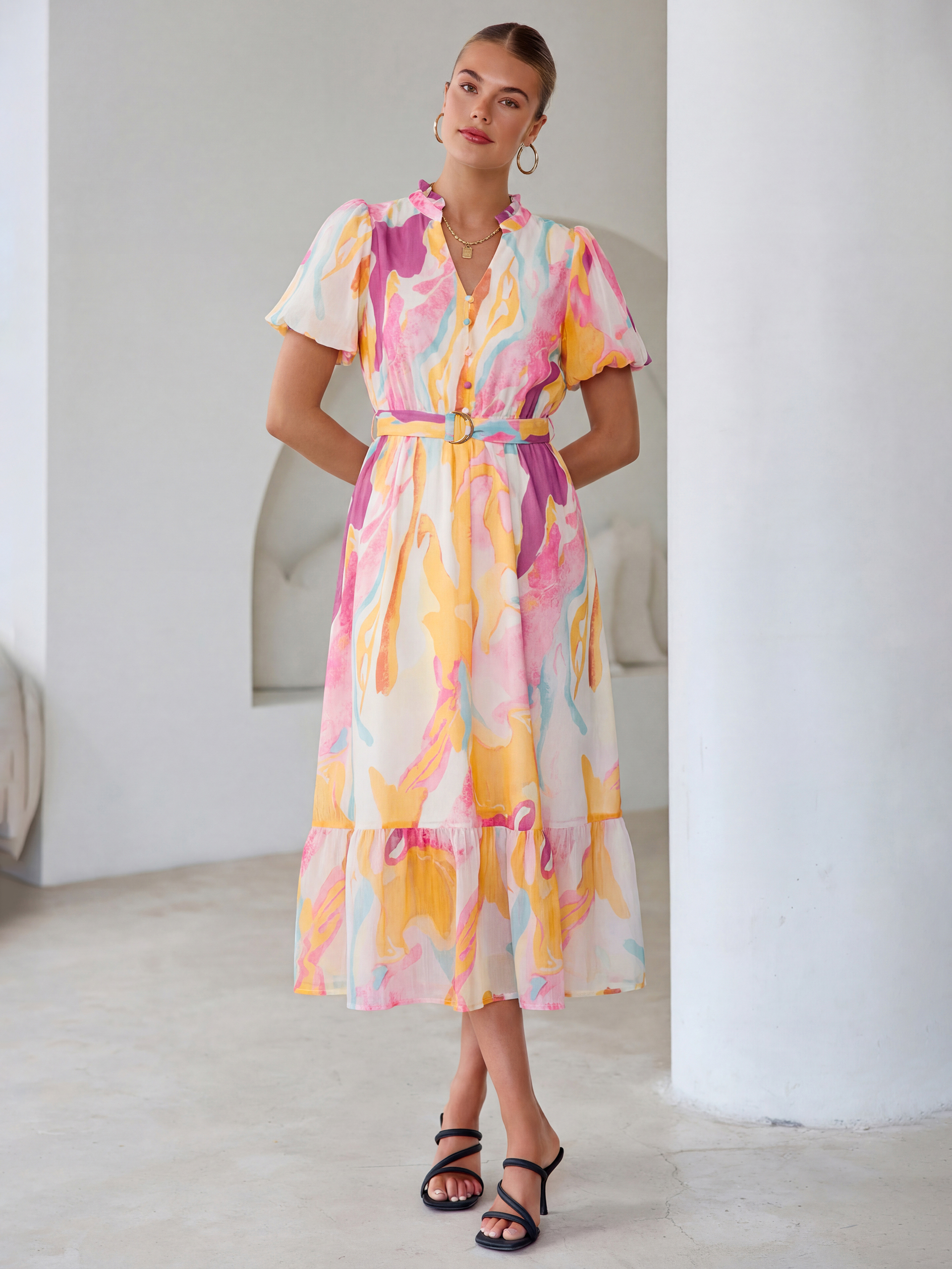 Floral V Neck Belted Tiered Maxi Dress