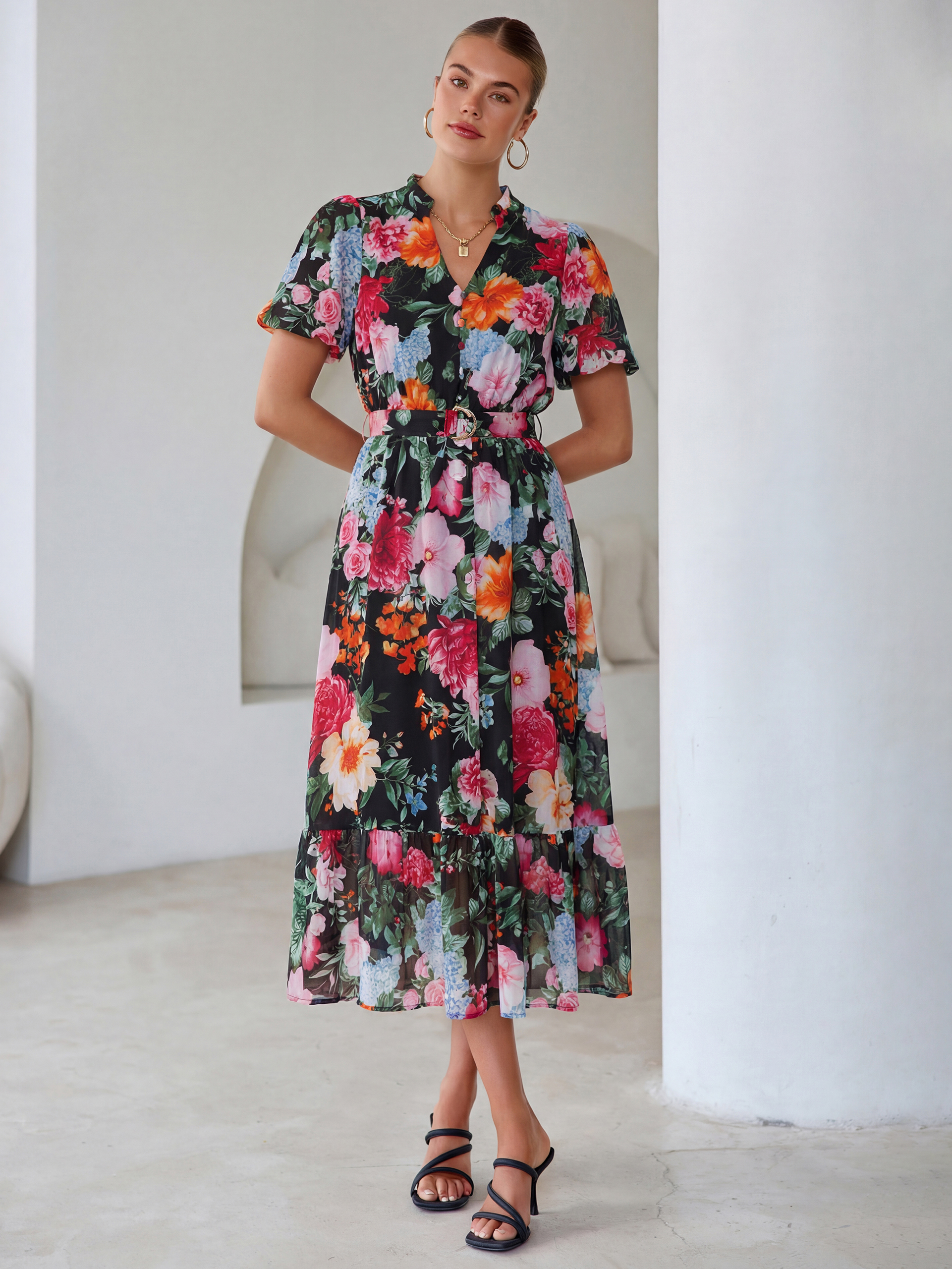 Floral V Neck Belted Tiered Maxi Dress