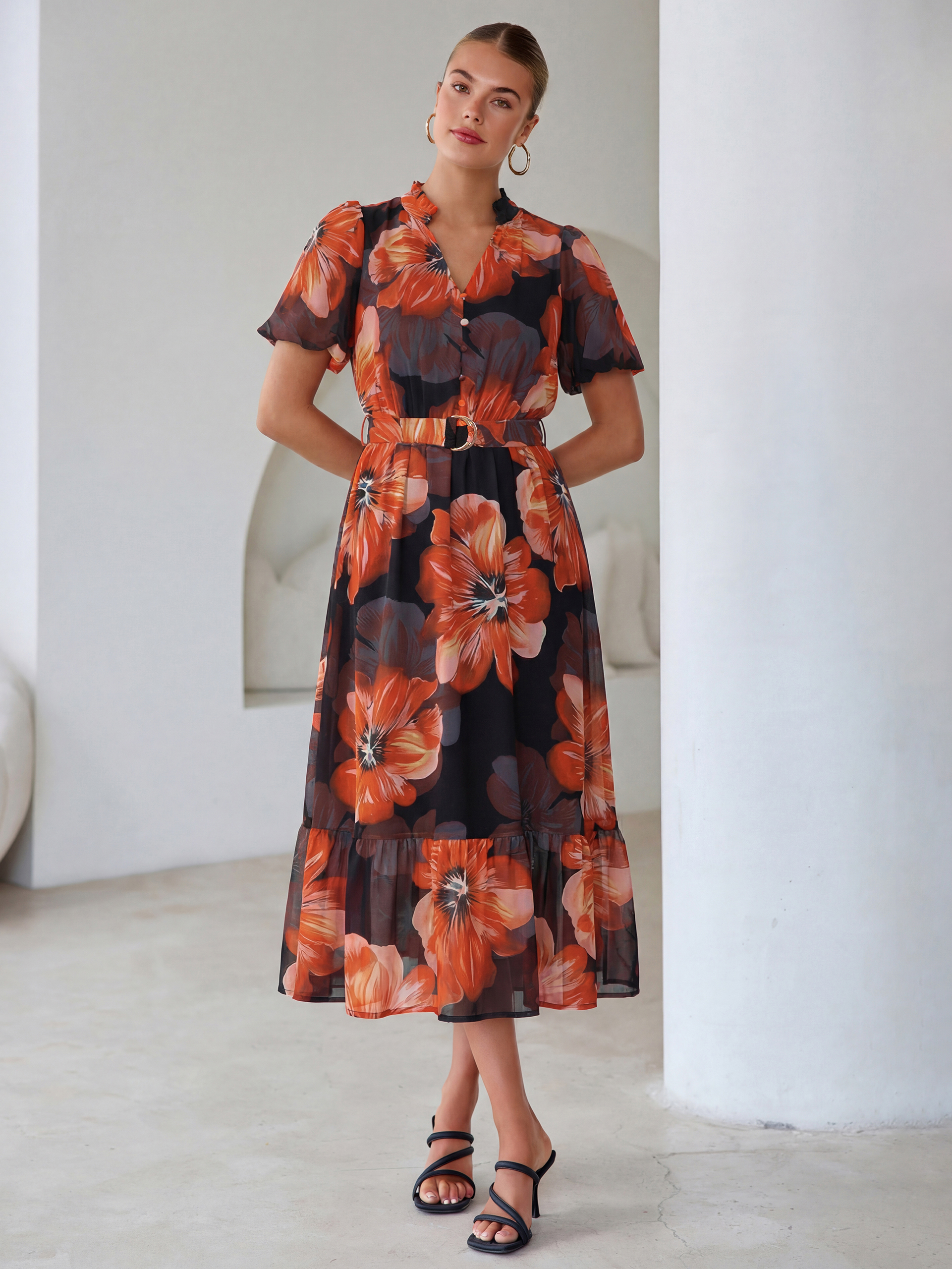 Floral V Neck Belted Tiered Maxi Dress