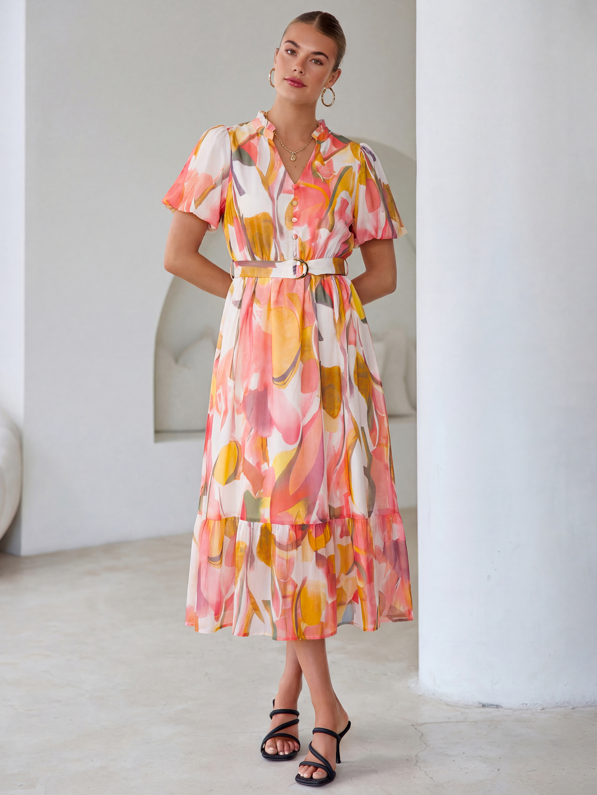 Floral V Neck Belted Tiered Maxi Dress
