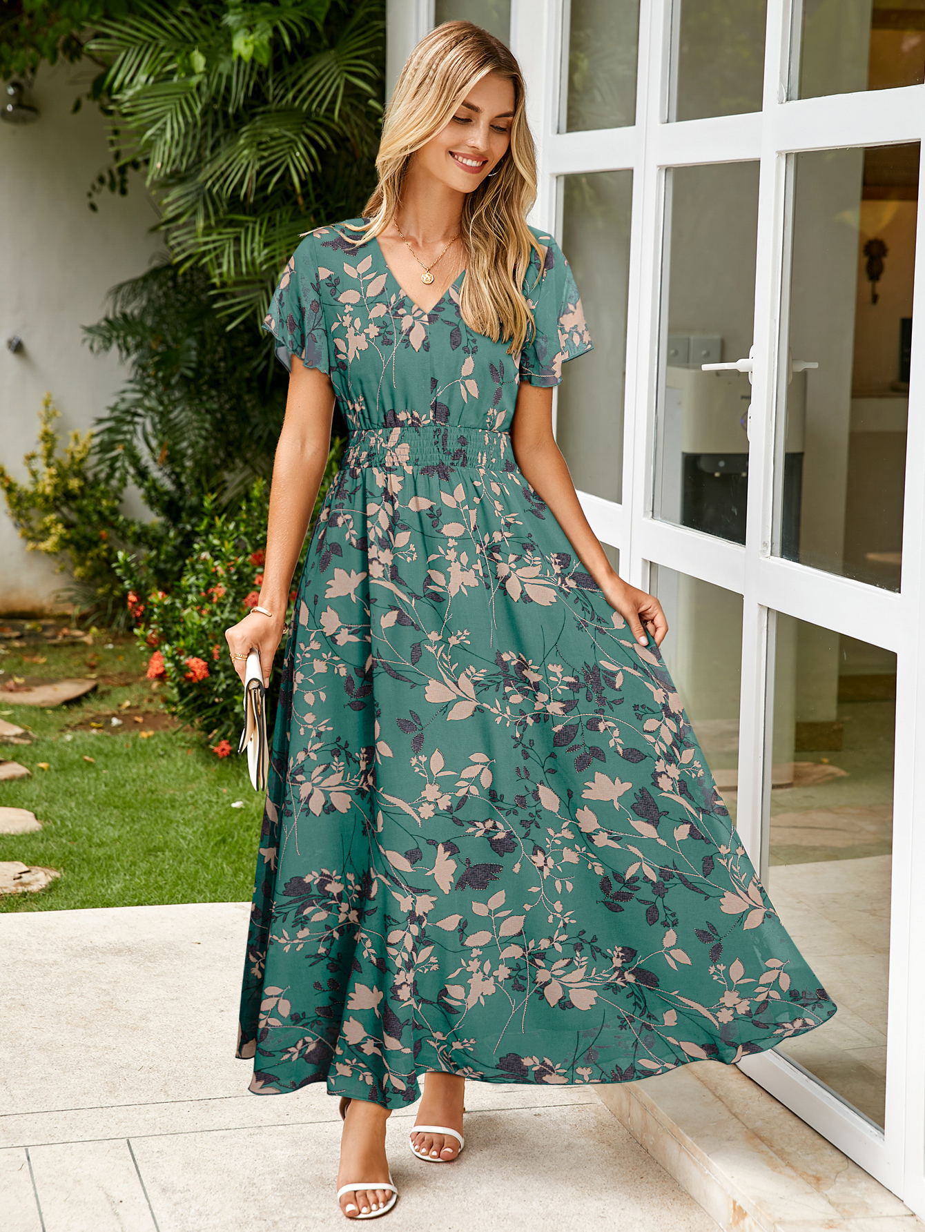 Floral V Neck Smocked High Waist Maxi Dress