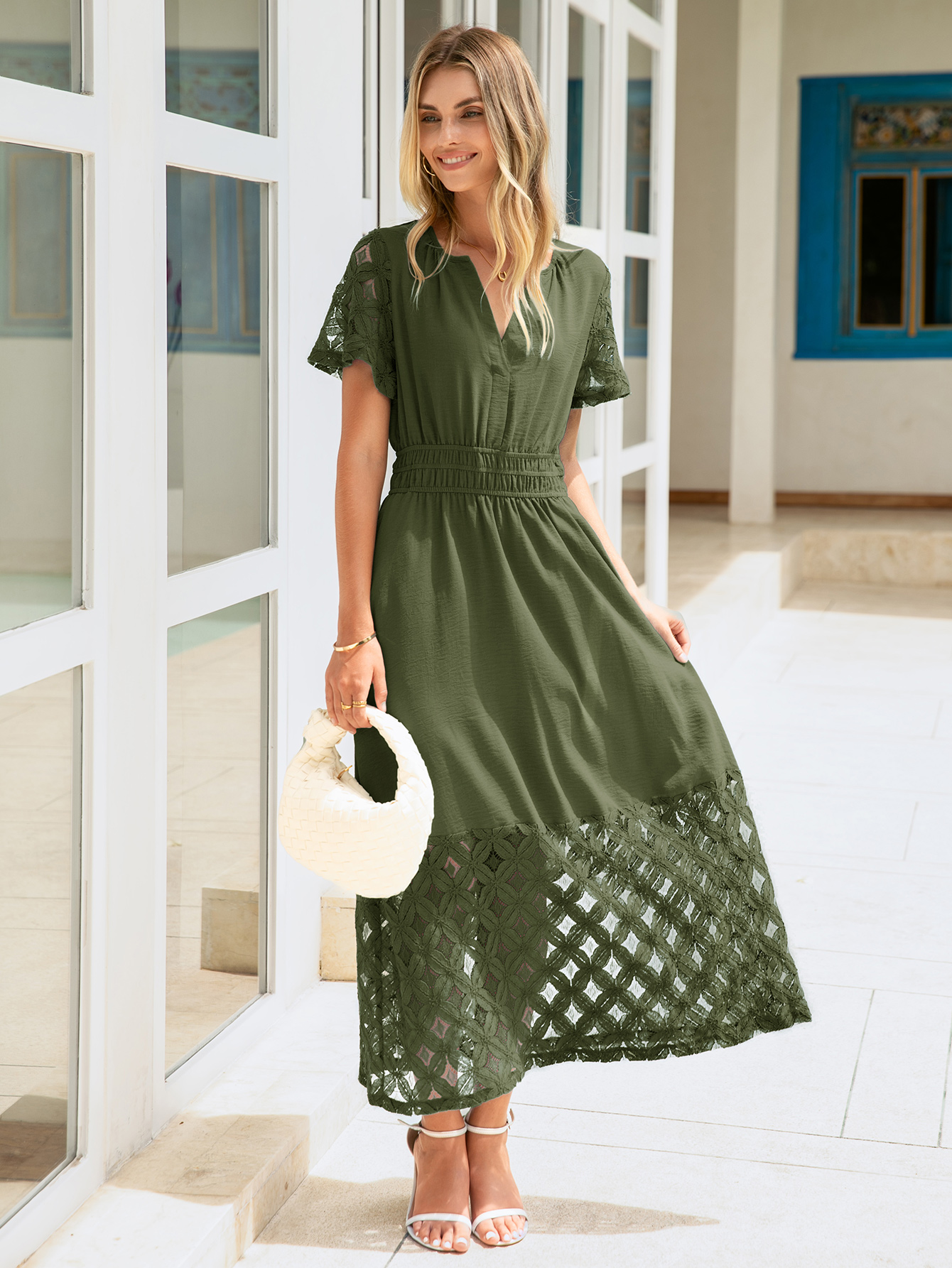 Lace Boho V Neck Short Sleeve Tiered Maxi Dress