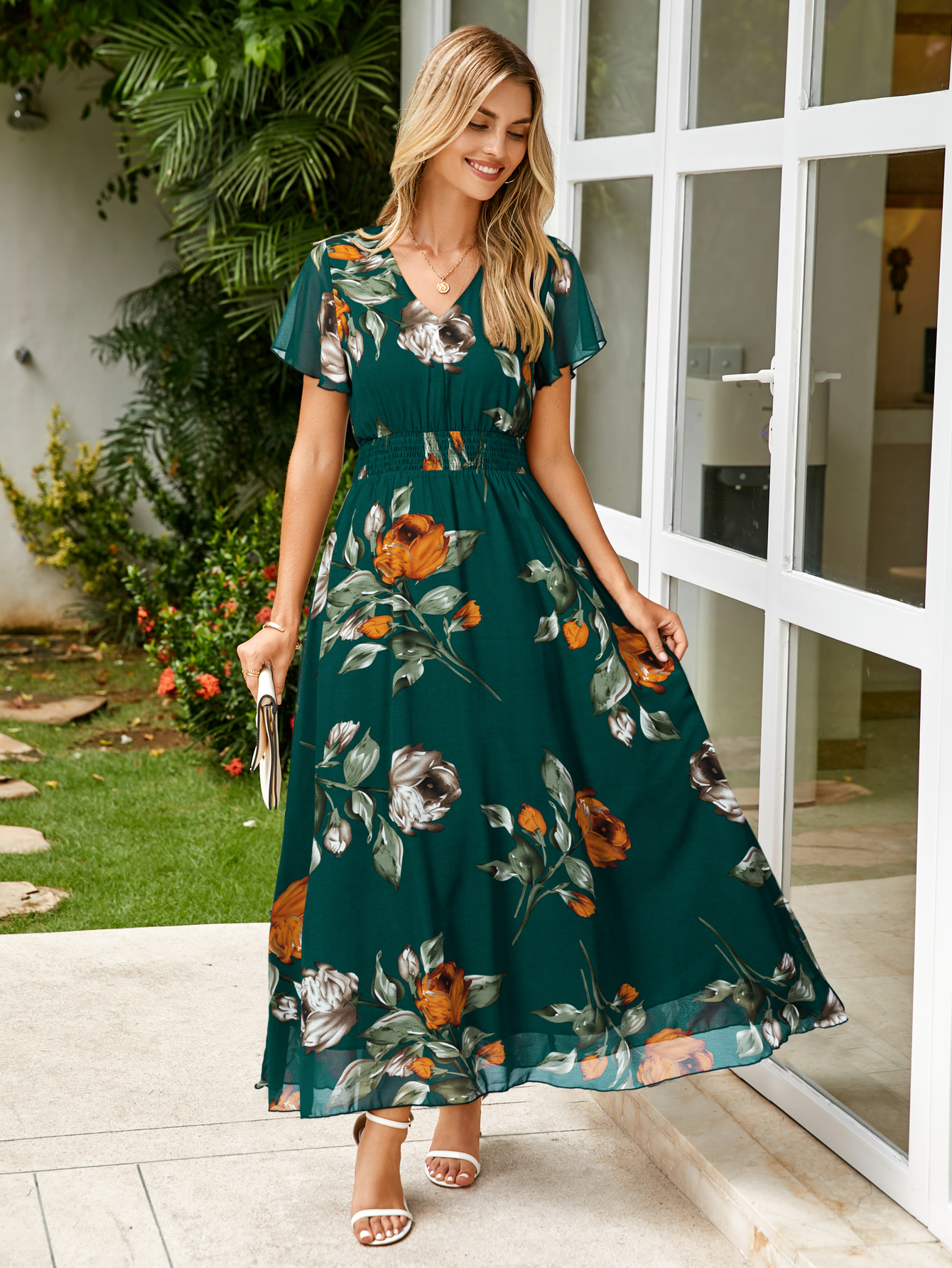 Boho Chiffon Floral Wedding Guest Maxi Dress