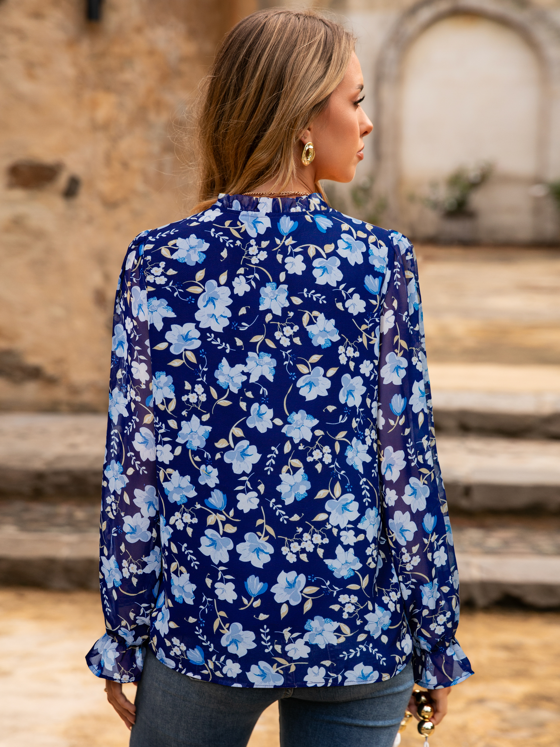 Floral V Neck Puff Sleeve Chiffon Blouse