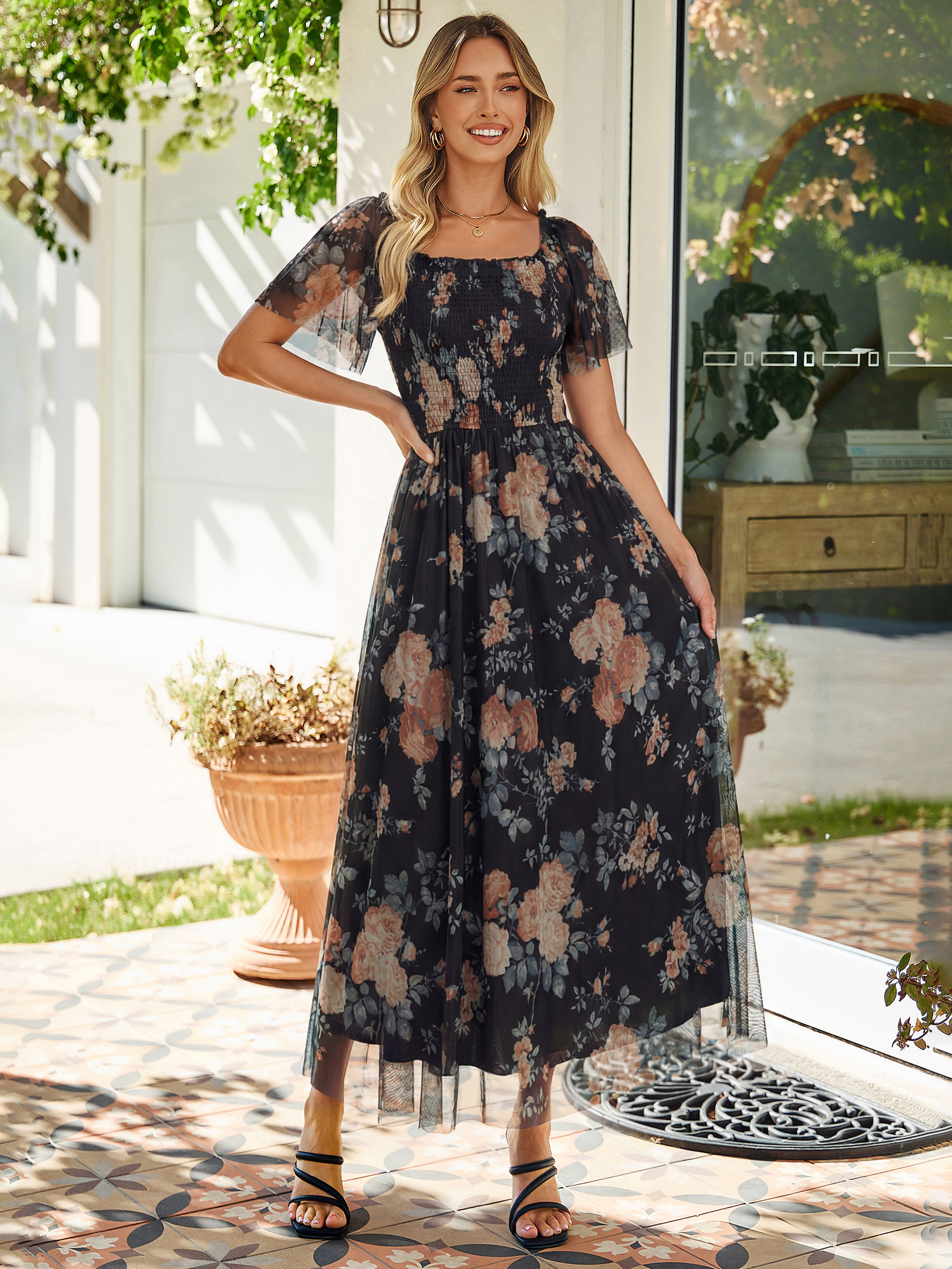 Floral Square Neck Smocked Flutter Sleeve Maxi Dress - Floral Black Yellow