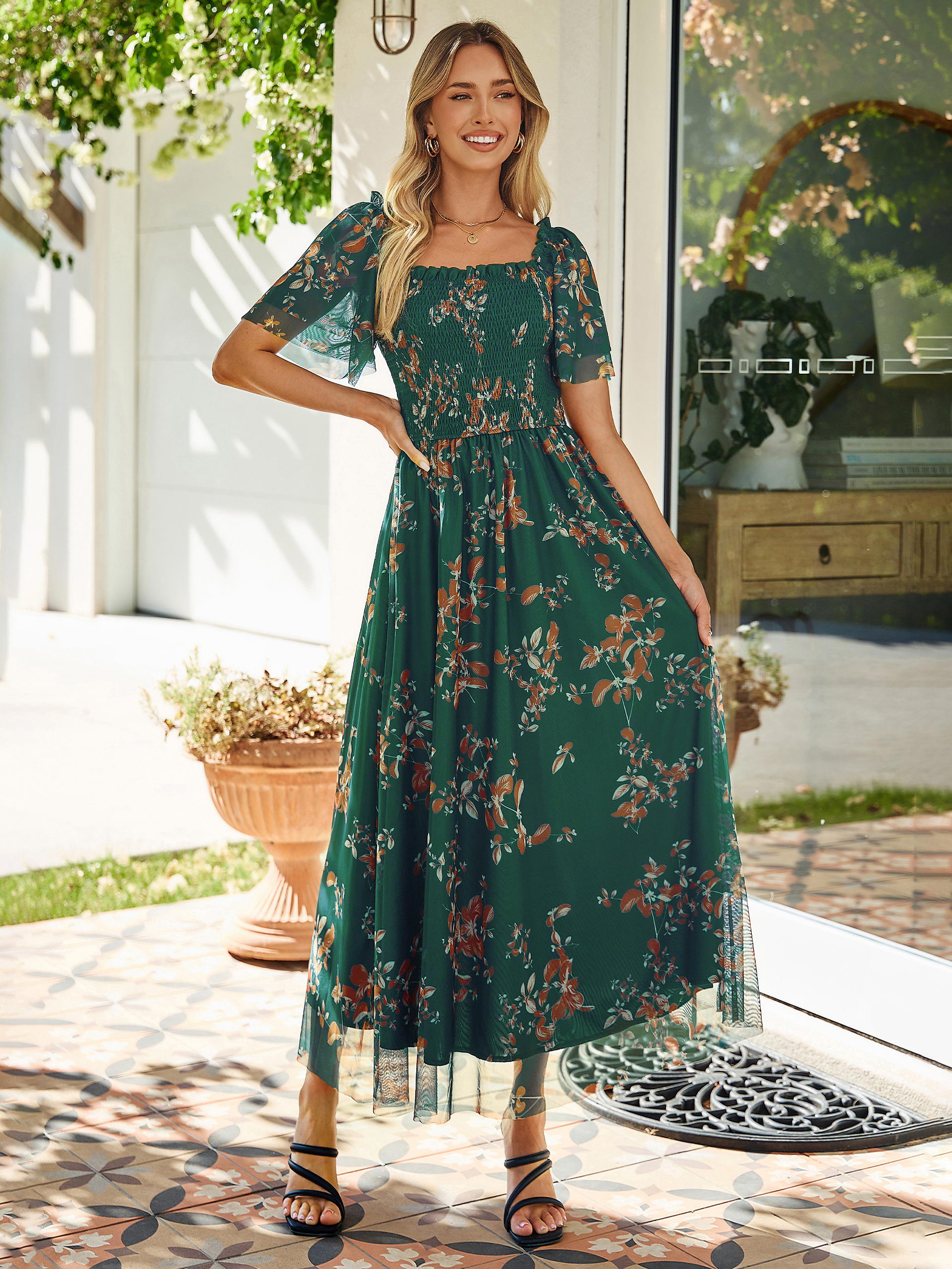 Floral Square Neck Smocked Flutter Sleeve Maxi Dress - Floral Emerald Green Qrange