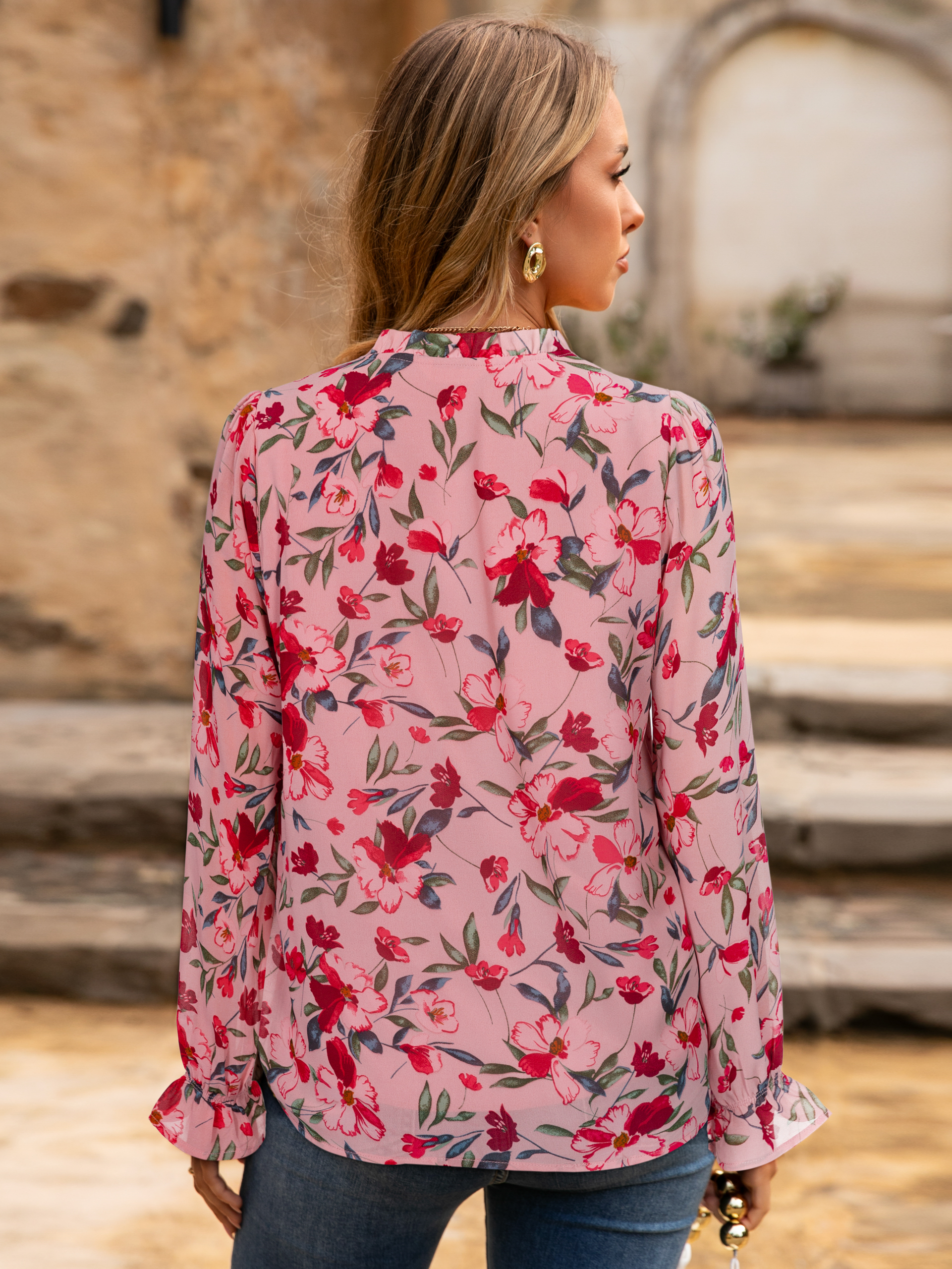 Floral V Neck Puff Sleeve Chiffon Blouse - Pink