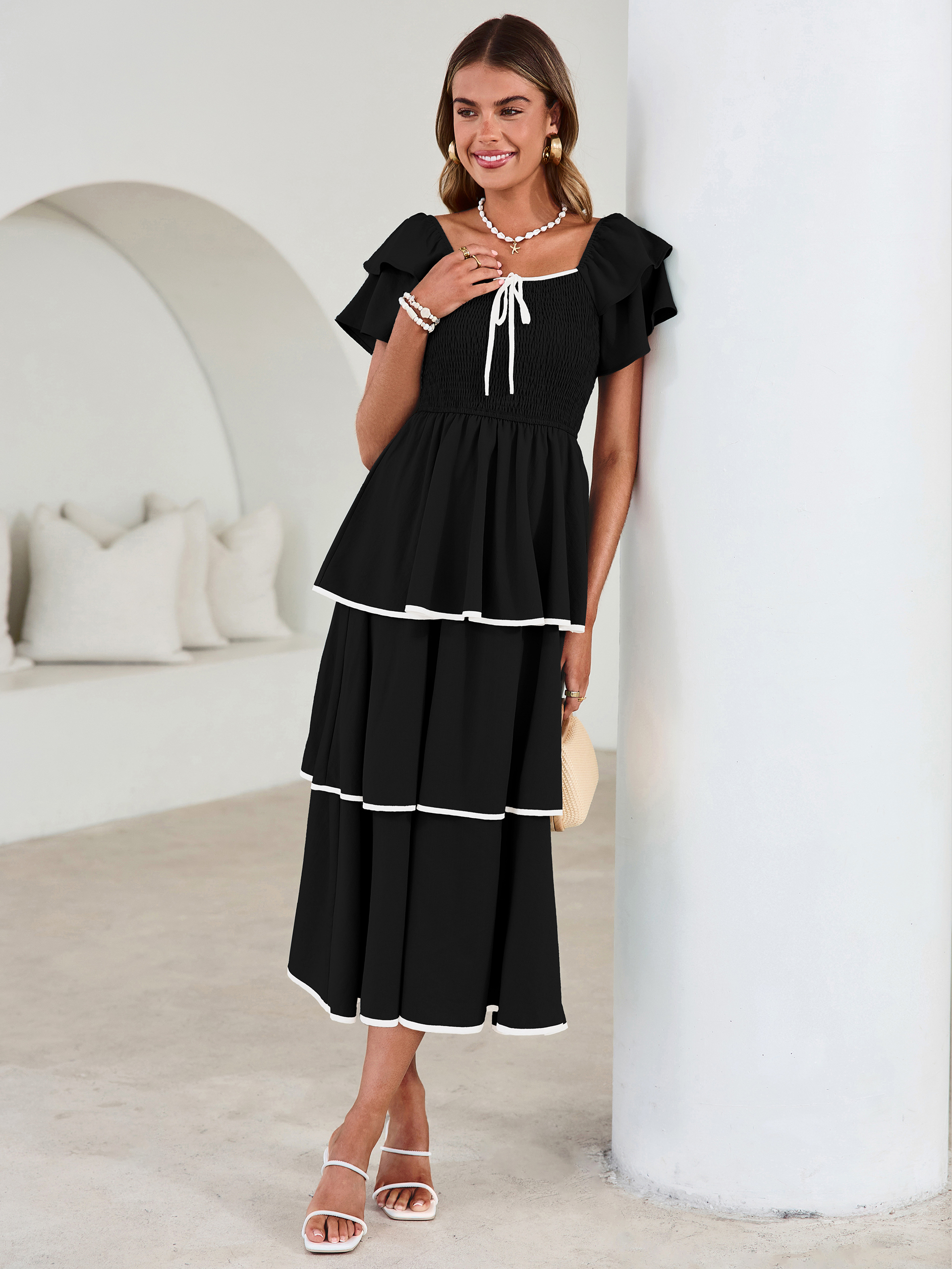 Ruched Off Shoulder Tiered Maxi Dress - Black