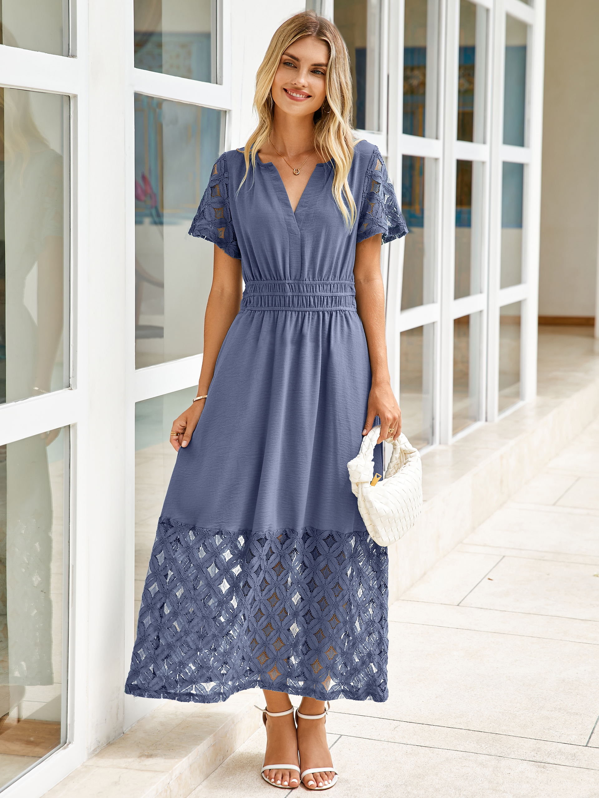 Lace Boho V Neck Short Sleeve Tiered Maxi Dress - Blue Purple