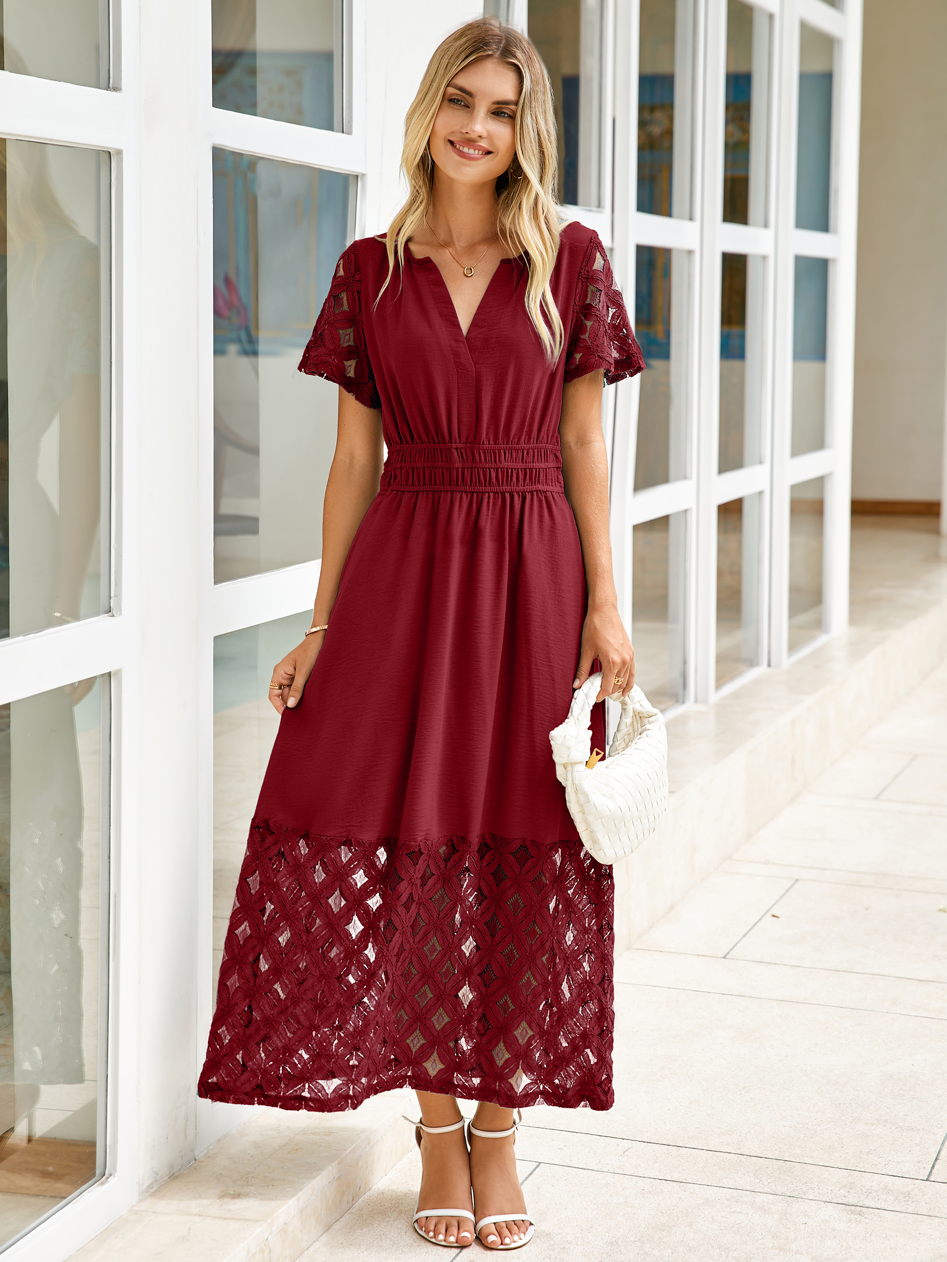 Lace Boho V Neck Short Sleeve Tiered Maxi Dress - Burgundy