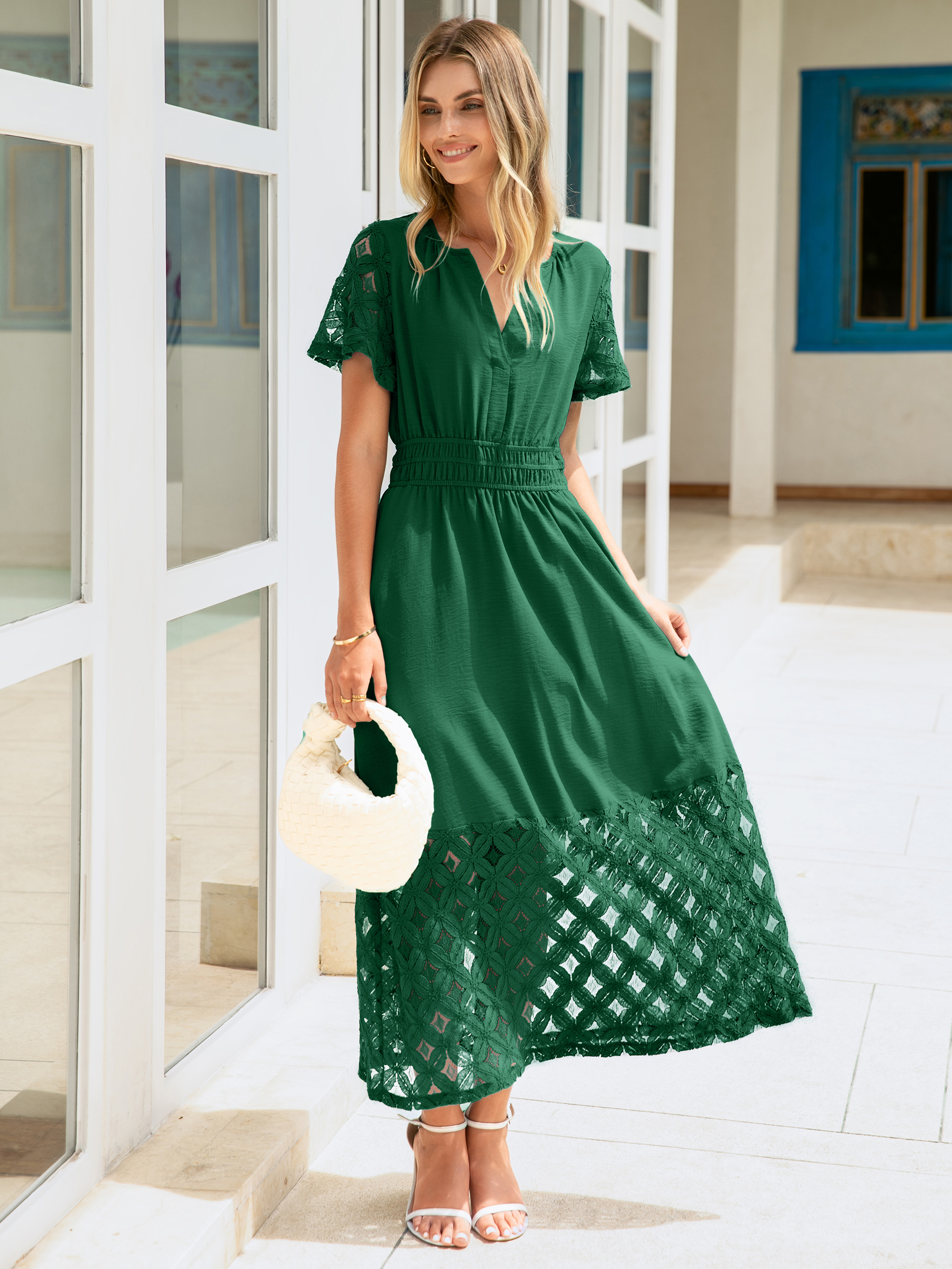 Lace Boho V Neck Short Sleeve Tiered Maxi Dress