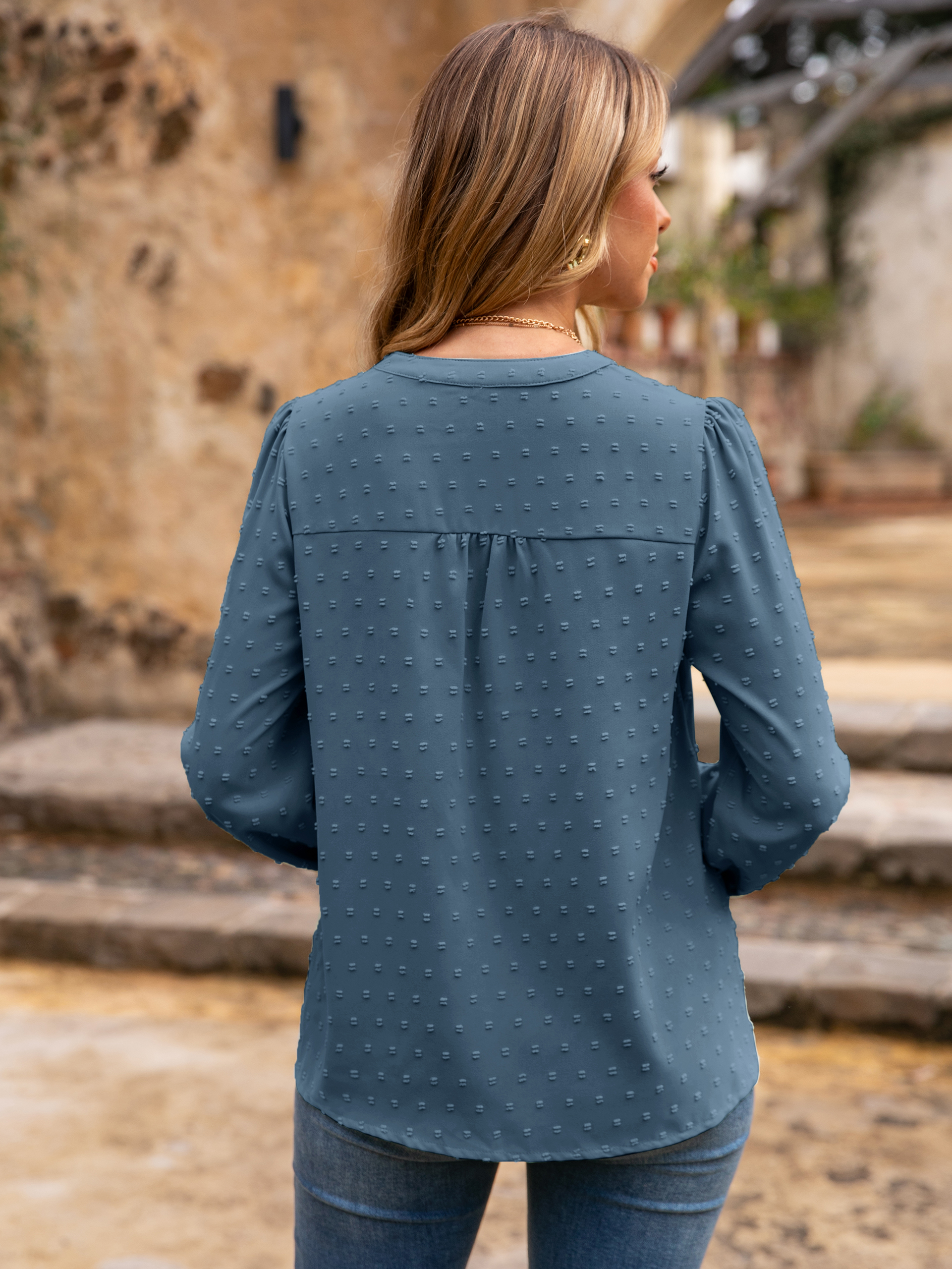 Lace Trim V Neck Swiss Dot Blouse