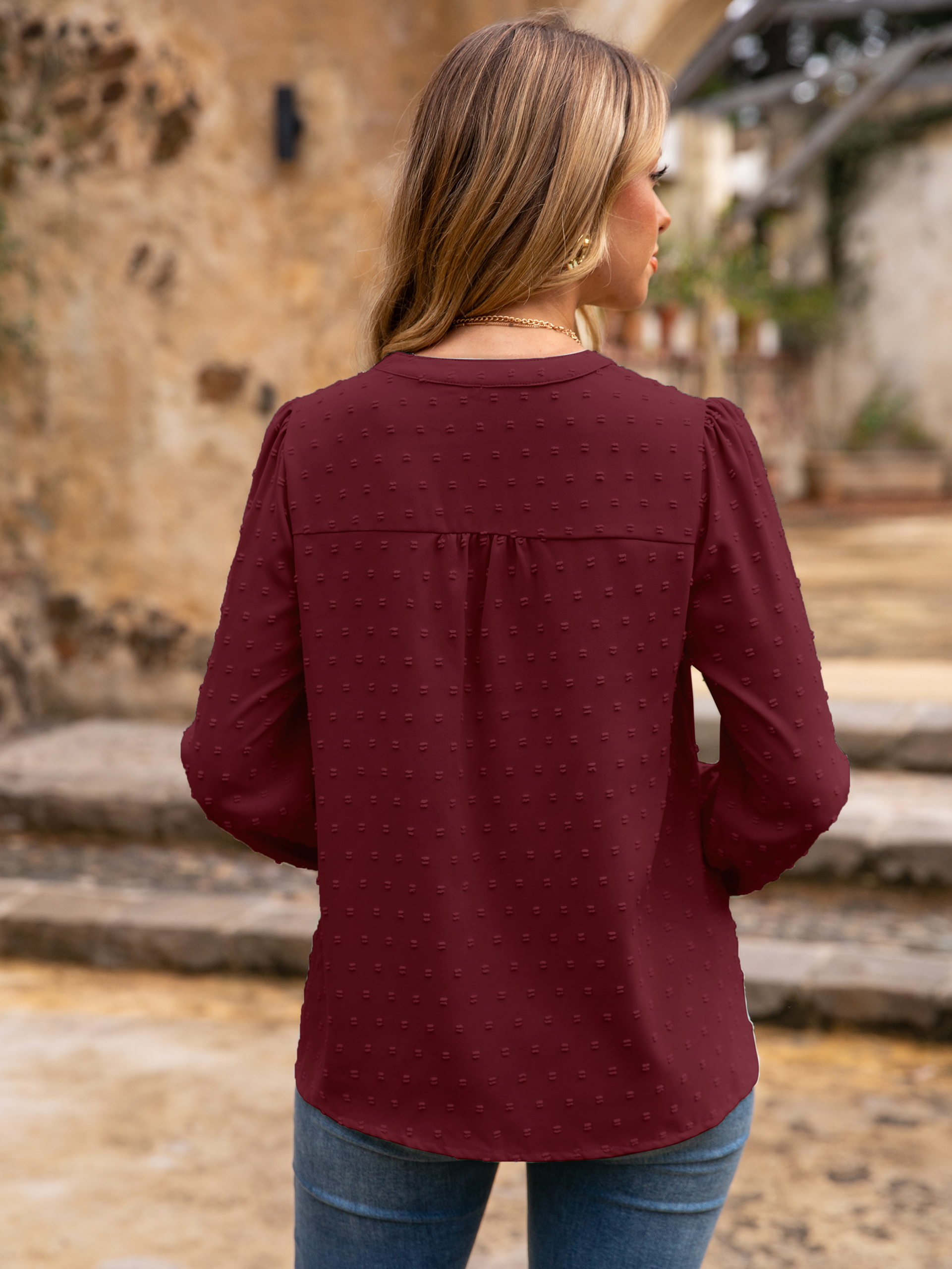 Lace Trim V Neck Swiss Dot Blouse