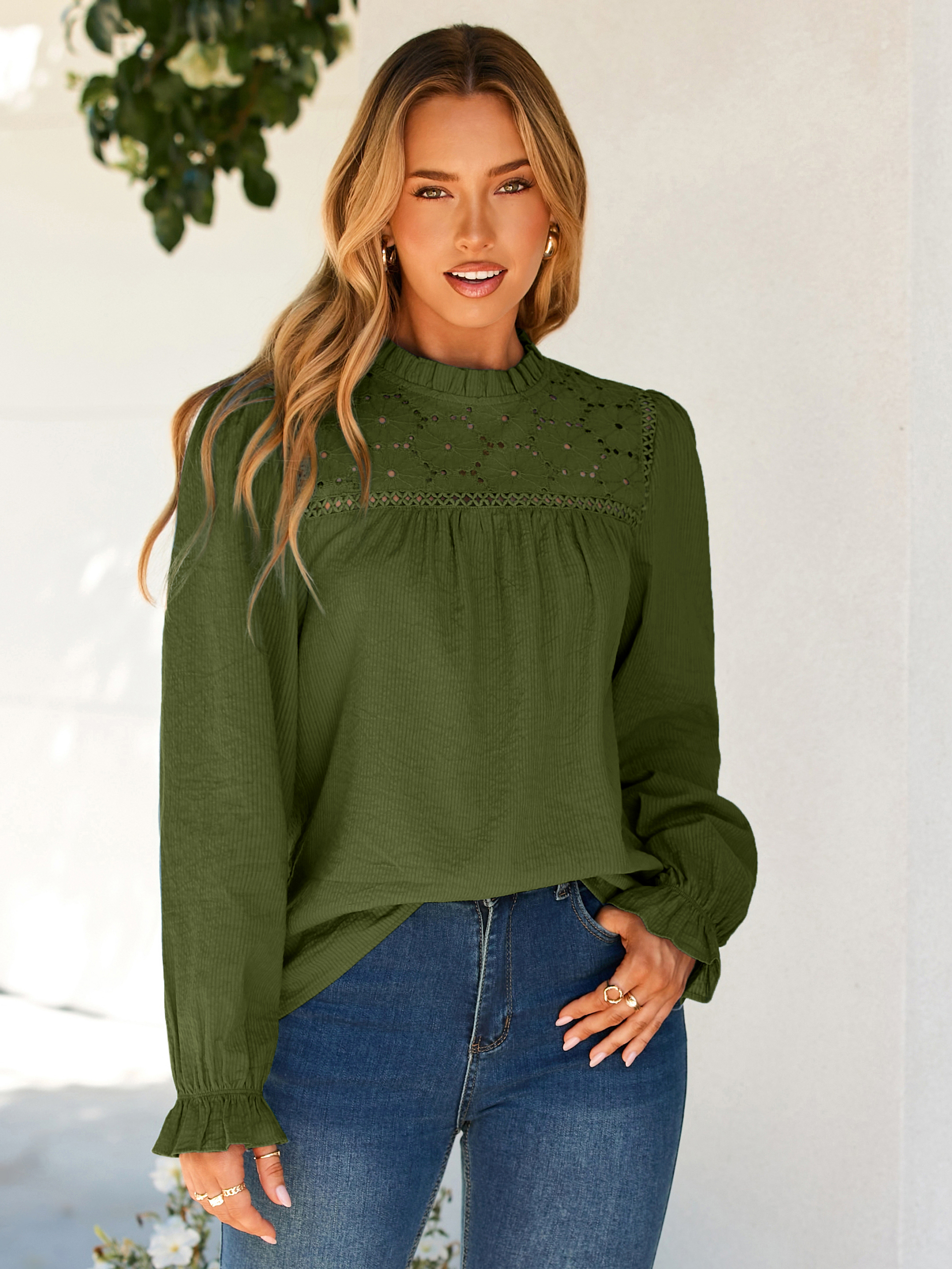 Eyelet Lace Long Sleeve Cotton Blouse