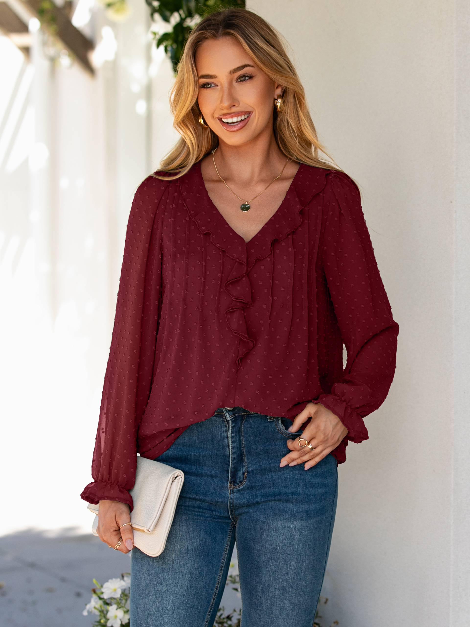 Chiffon V Neck Ruffle Long Sleeve Blouse - Burgundy
