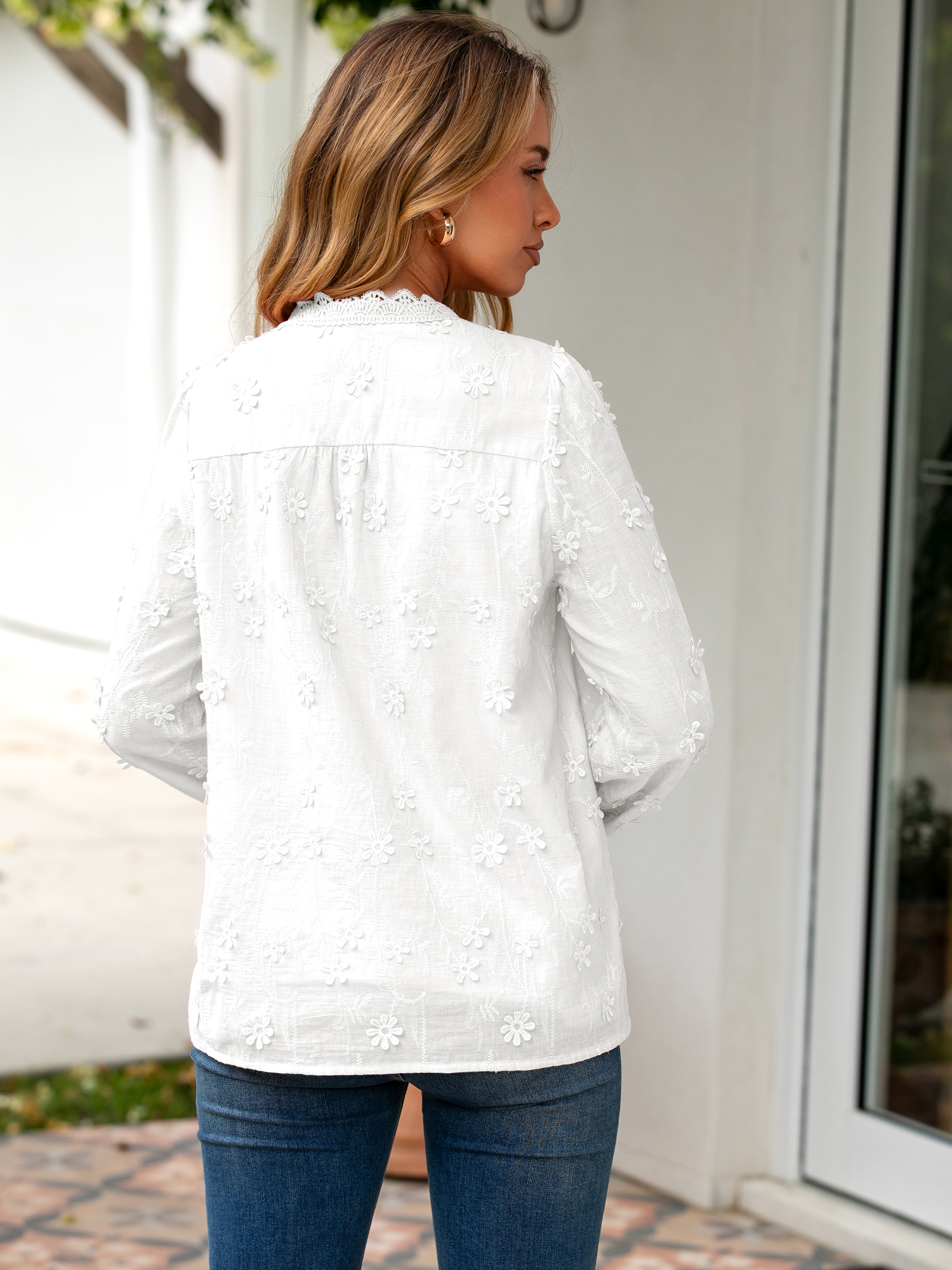 Floral Lace V Neck Embroidered Button Down Blouse