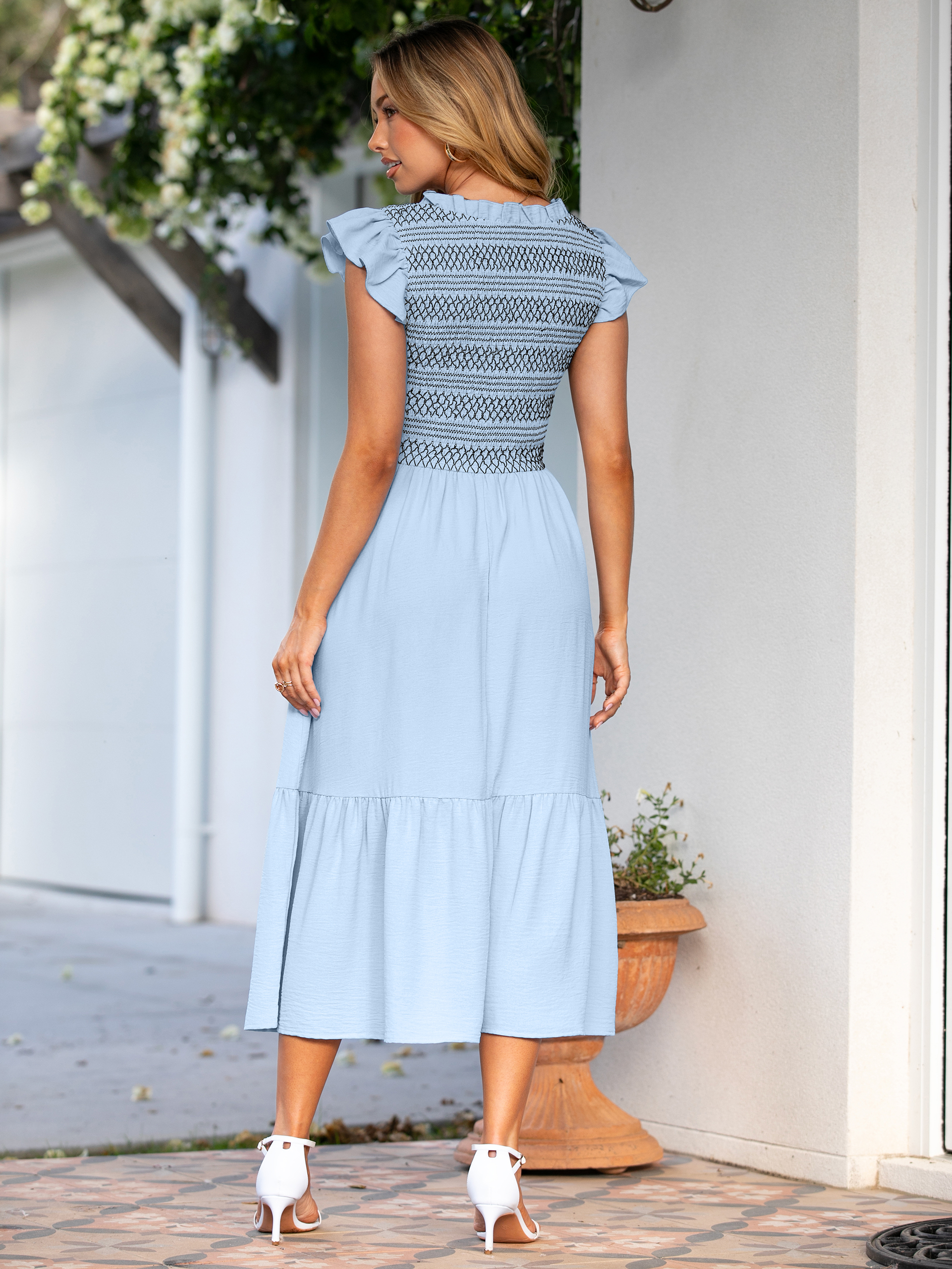 Flutter Sleeve Embroidered A Line Tiered Maxi Dress - Blue