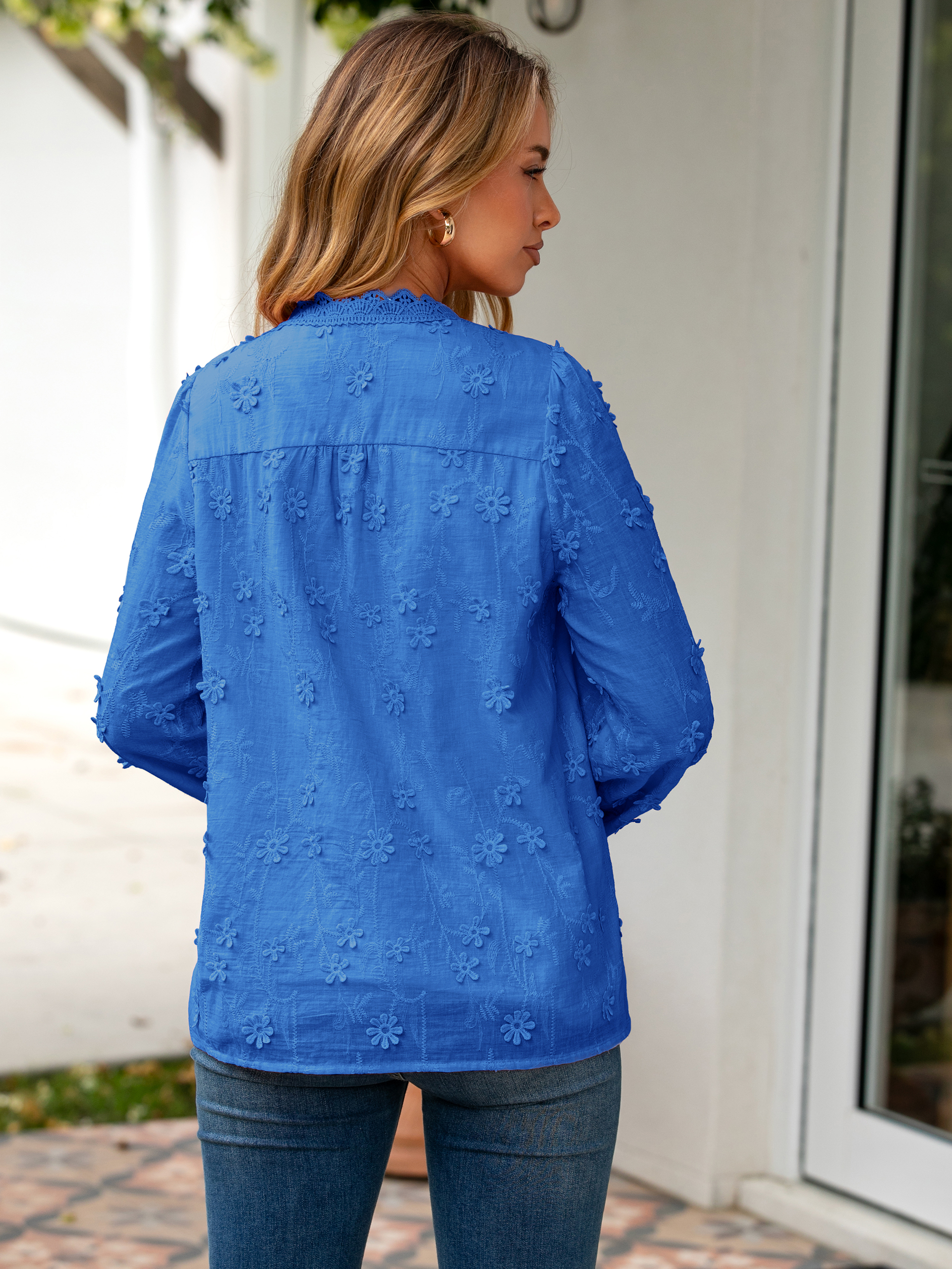 Floral Lace V Neck Embroidered Button Down Blouse