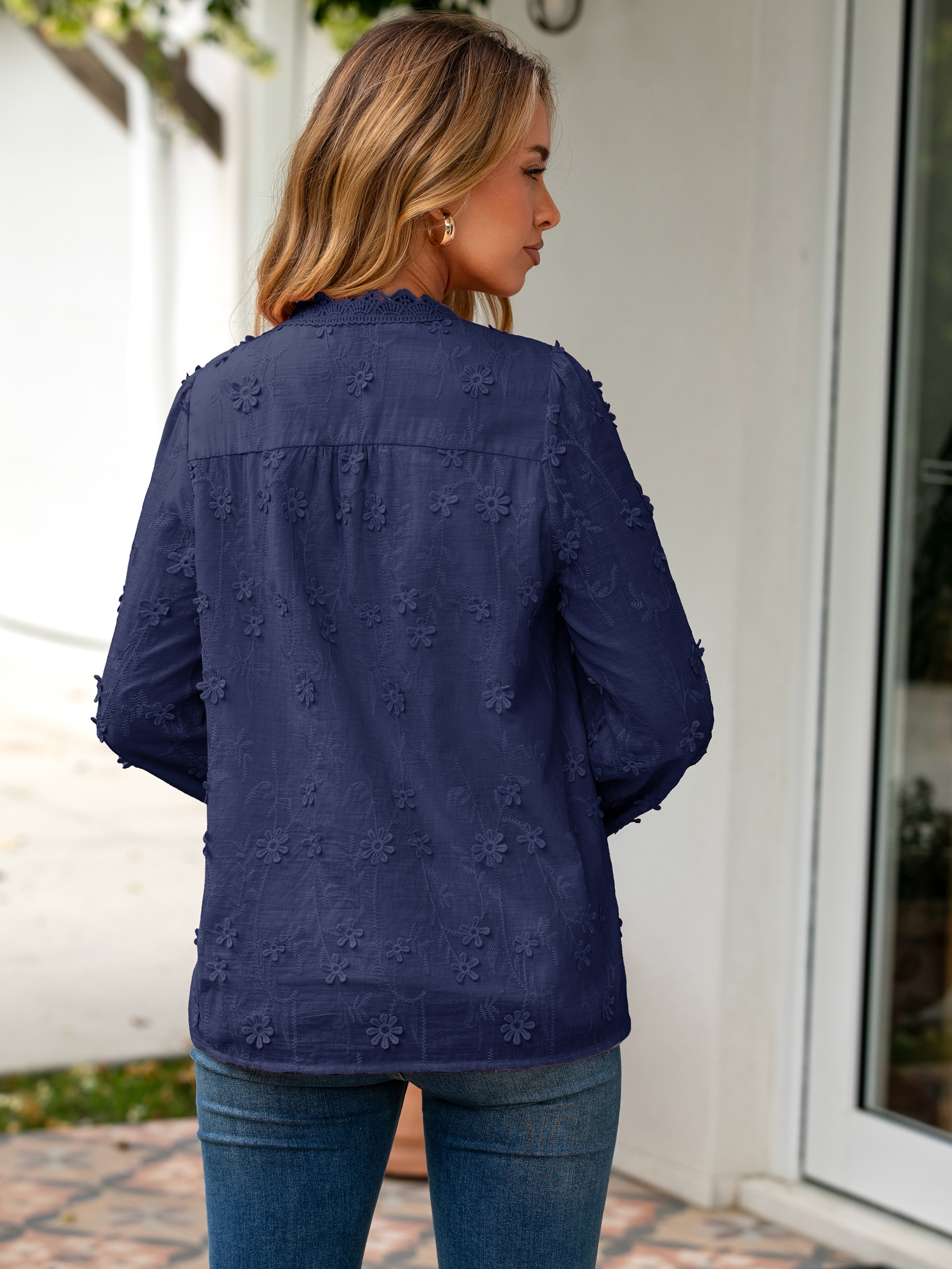 Floral Lace V Neck Embroidered Button Down Blouse