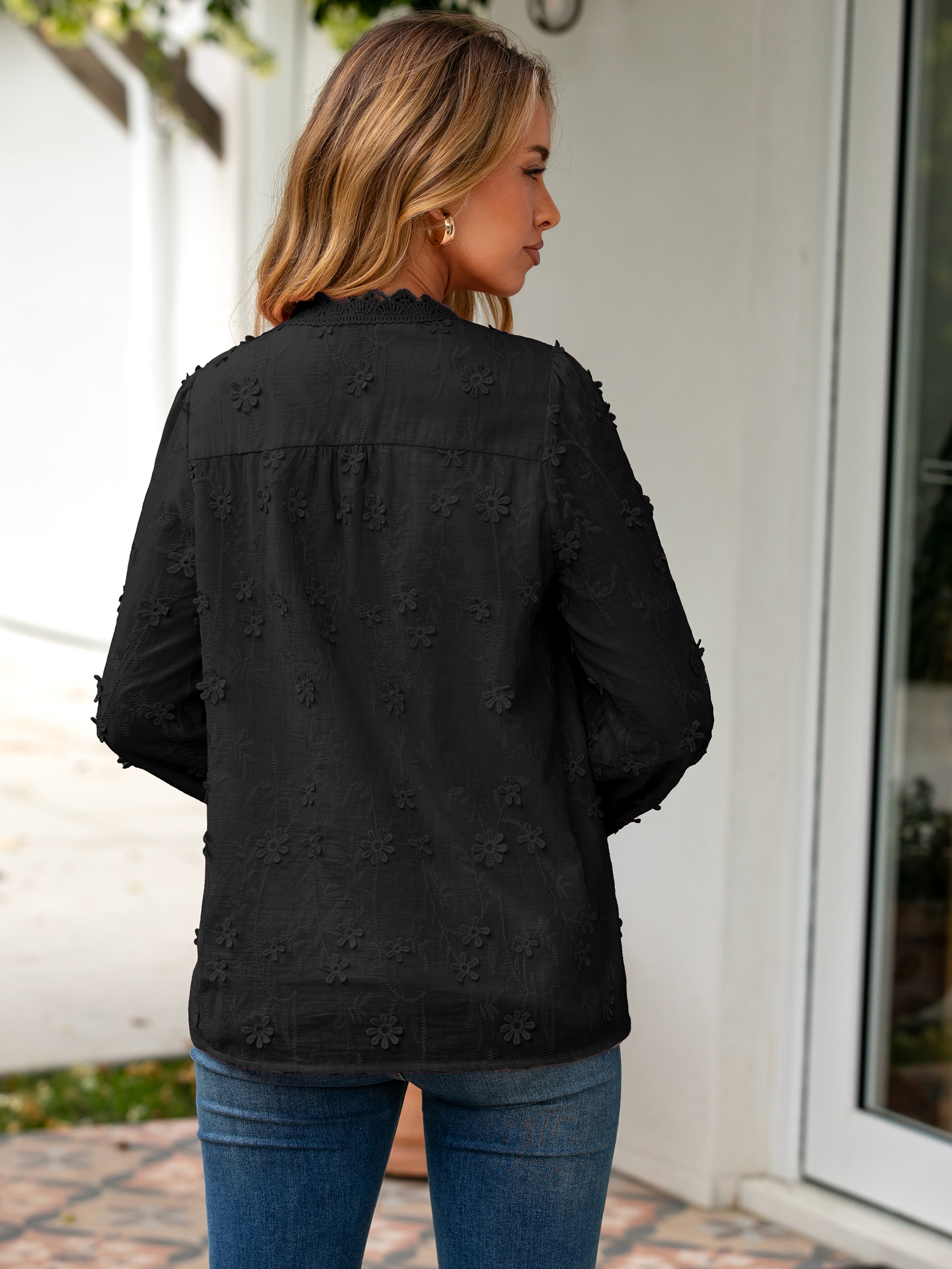 Floral Lace V Neck Embroidered Button Down Blouse