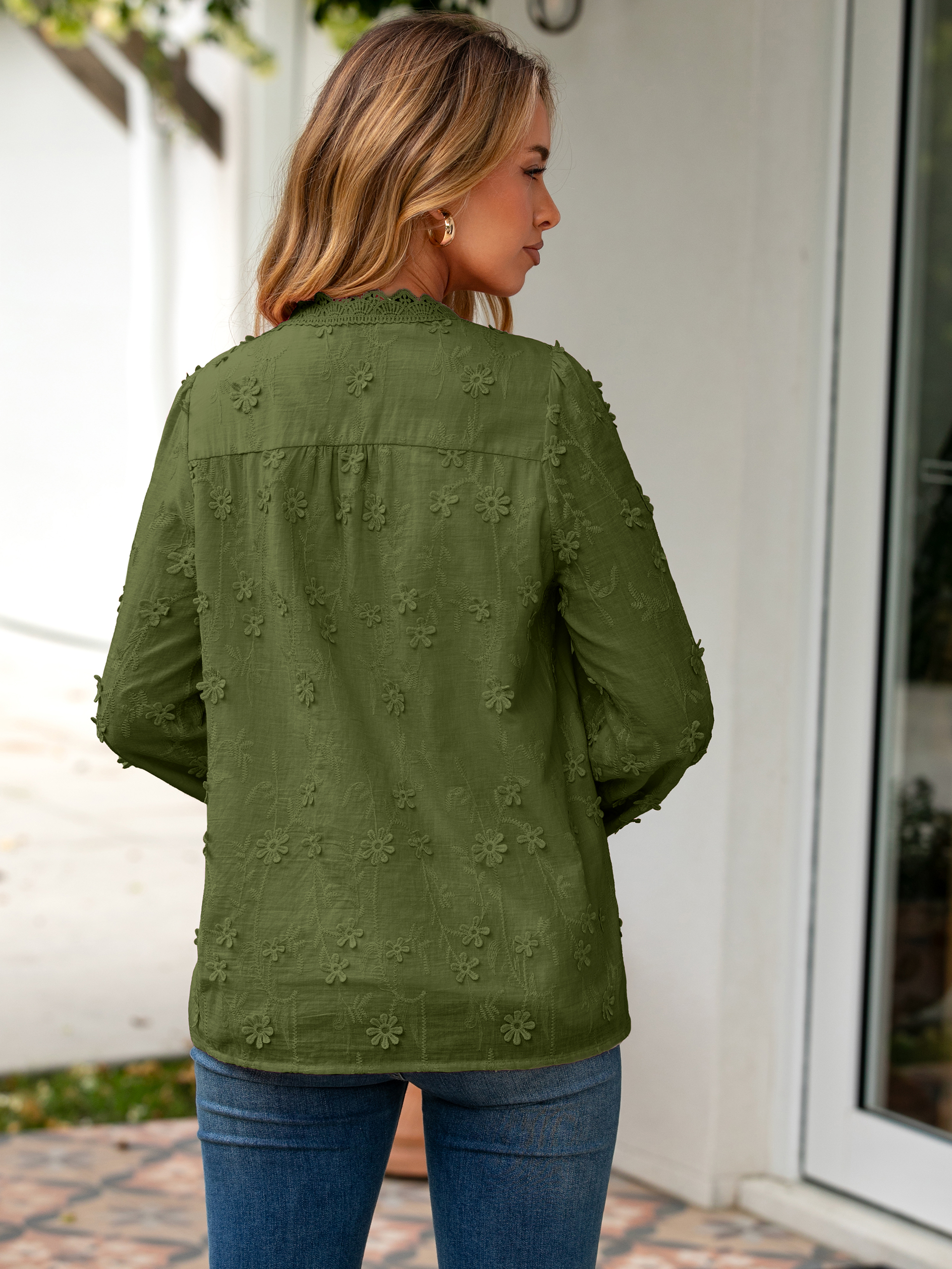 Floral Lace V Neck Embroidered Button Down Blouse