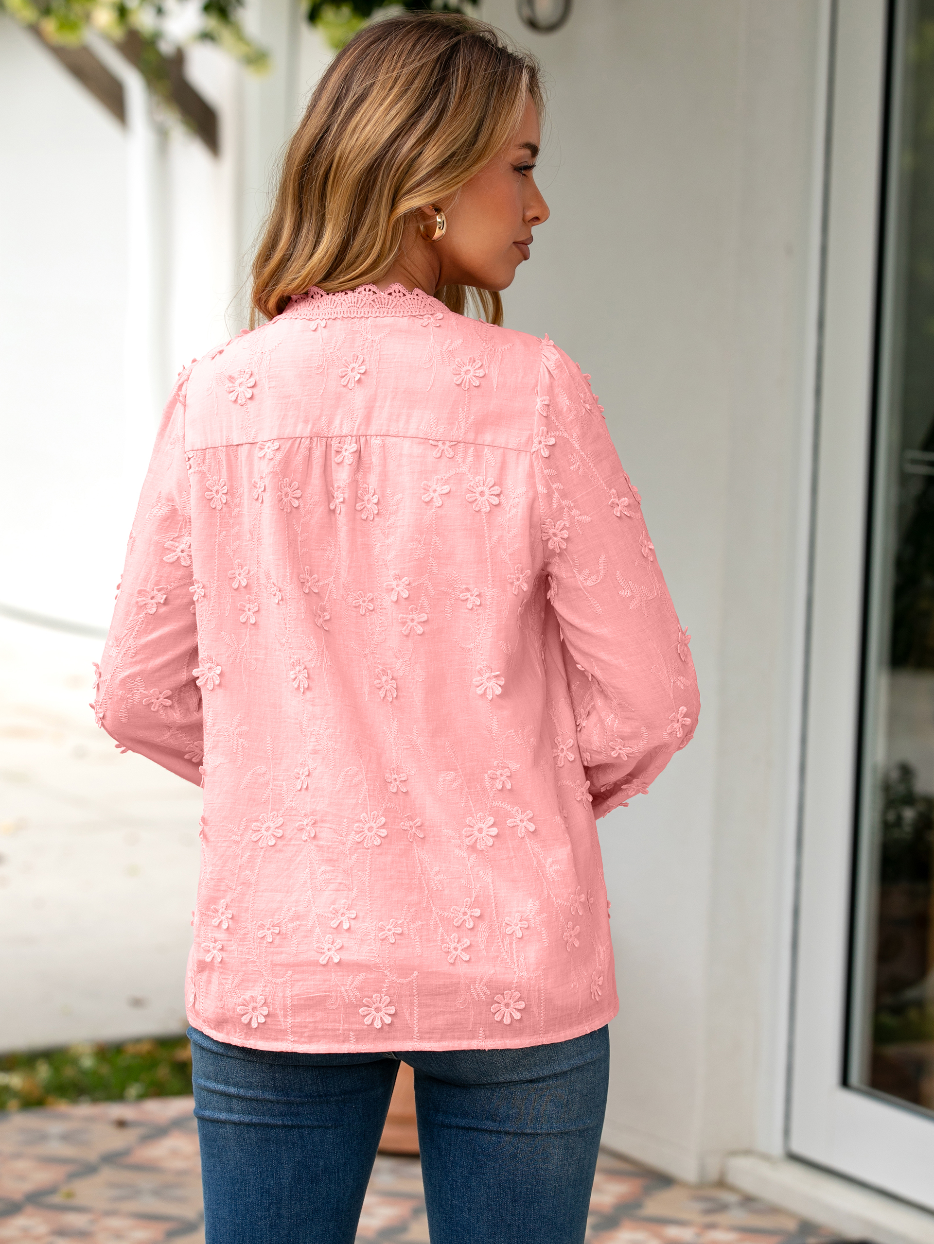 Floral Lace V Neck Embroidered Button Down Blouse