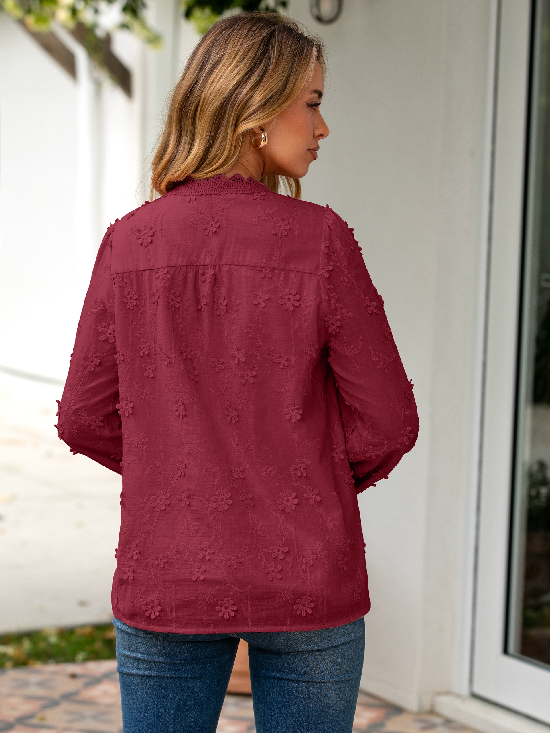 Floral Lace V Neck Embroidered Button Down Blouse