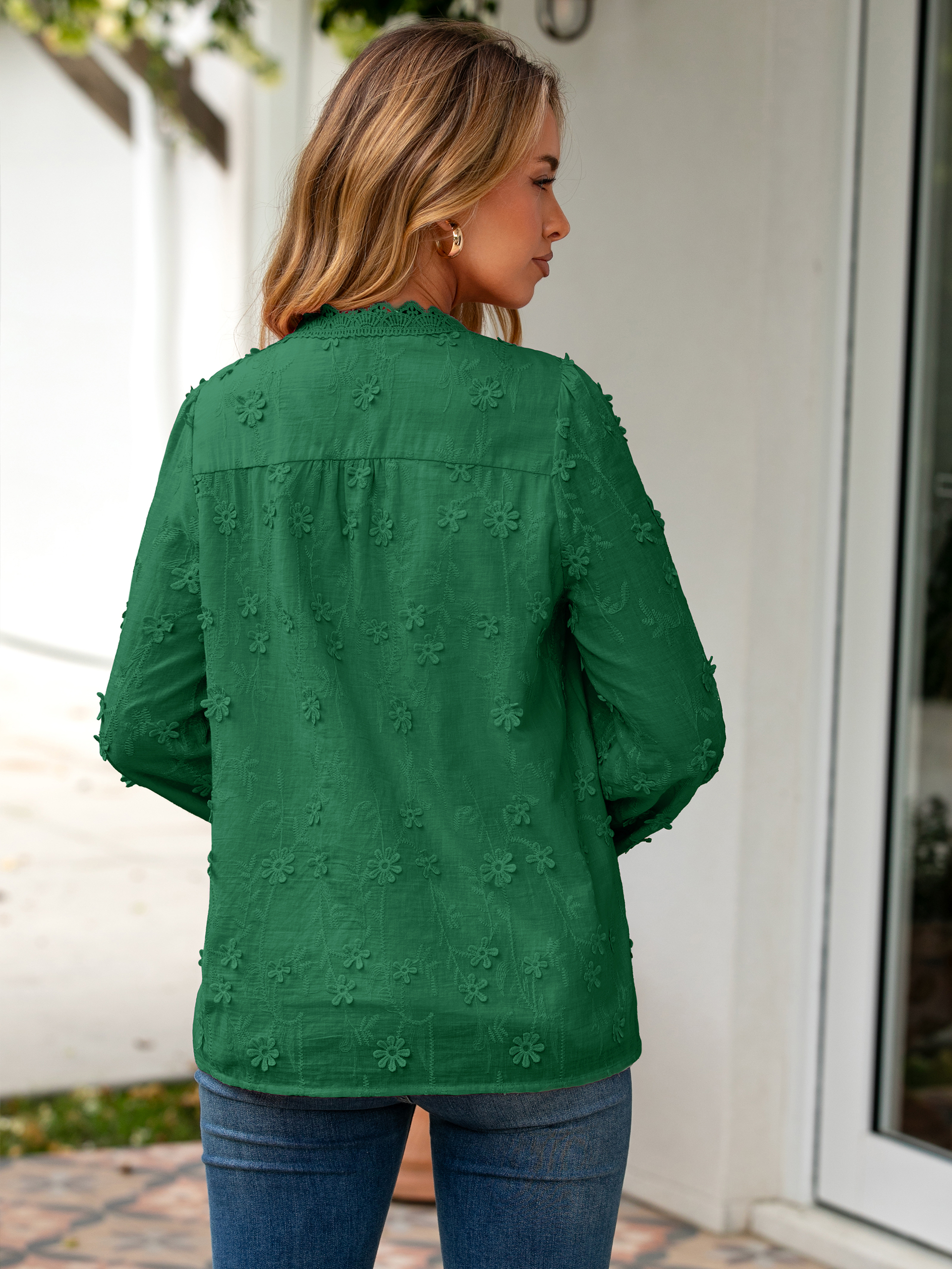 Floral Lace V Neck Embroidered Button Down Blouse