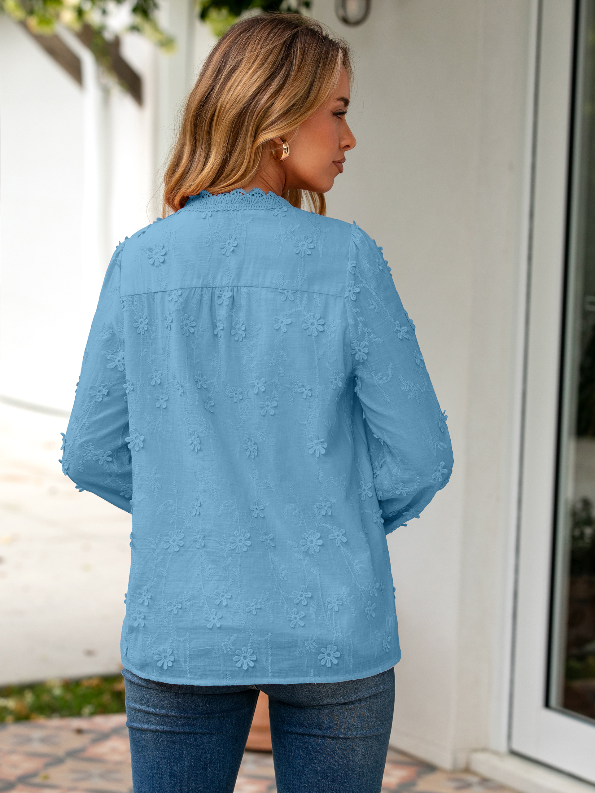 Floral Lace V Neck Embroidered Button Down Blouse