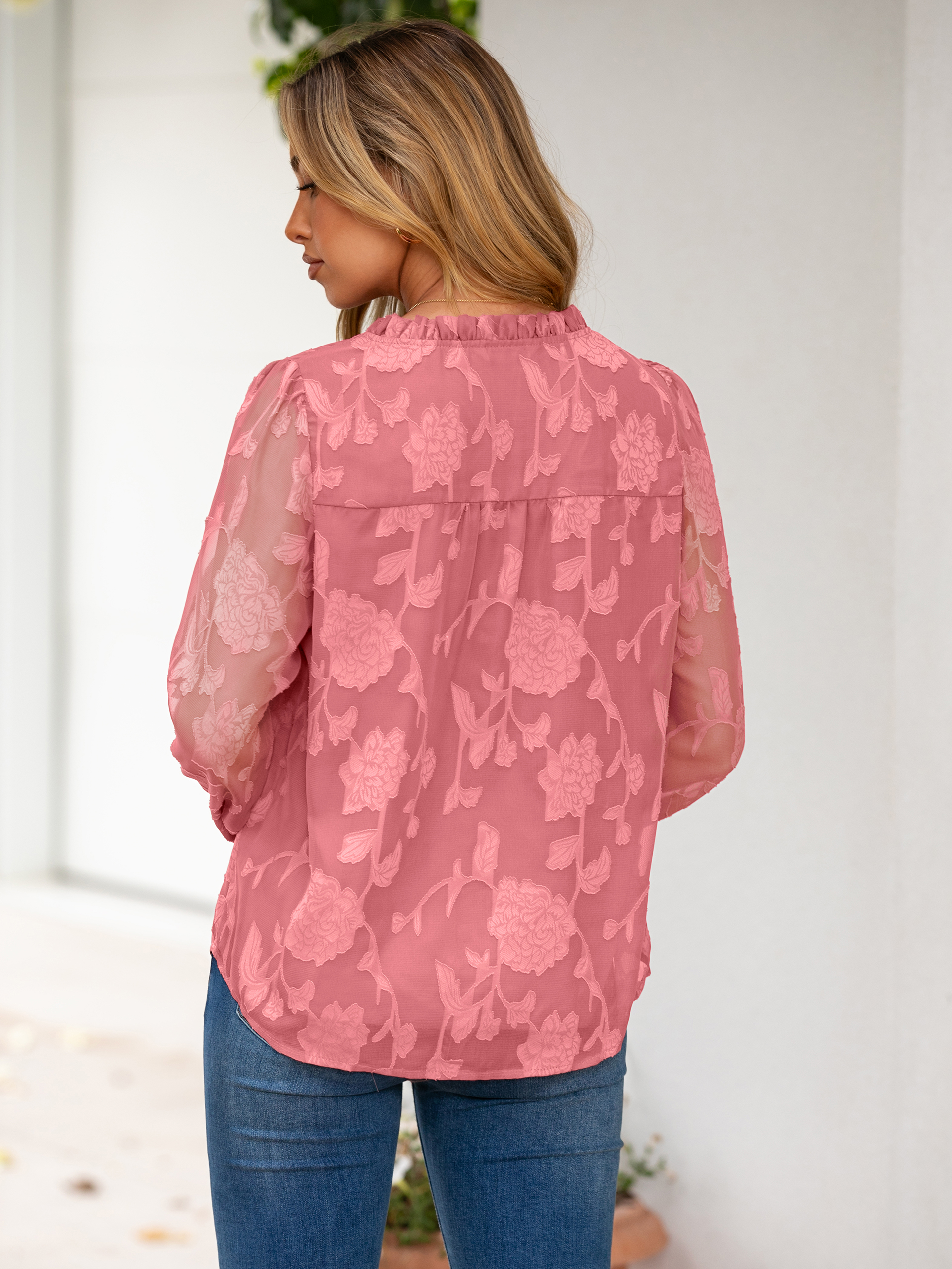 Chiffon Burnout V Neck Long Sleeve Blouse - Rust Pink