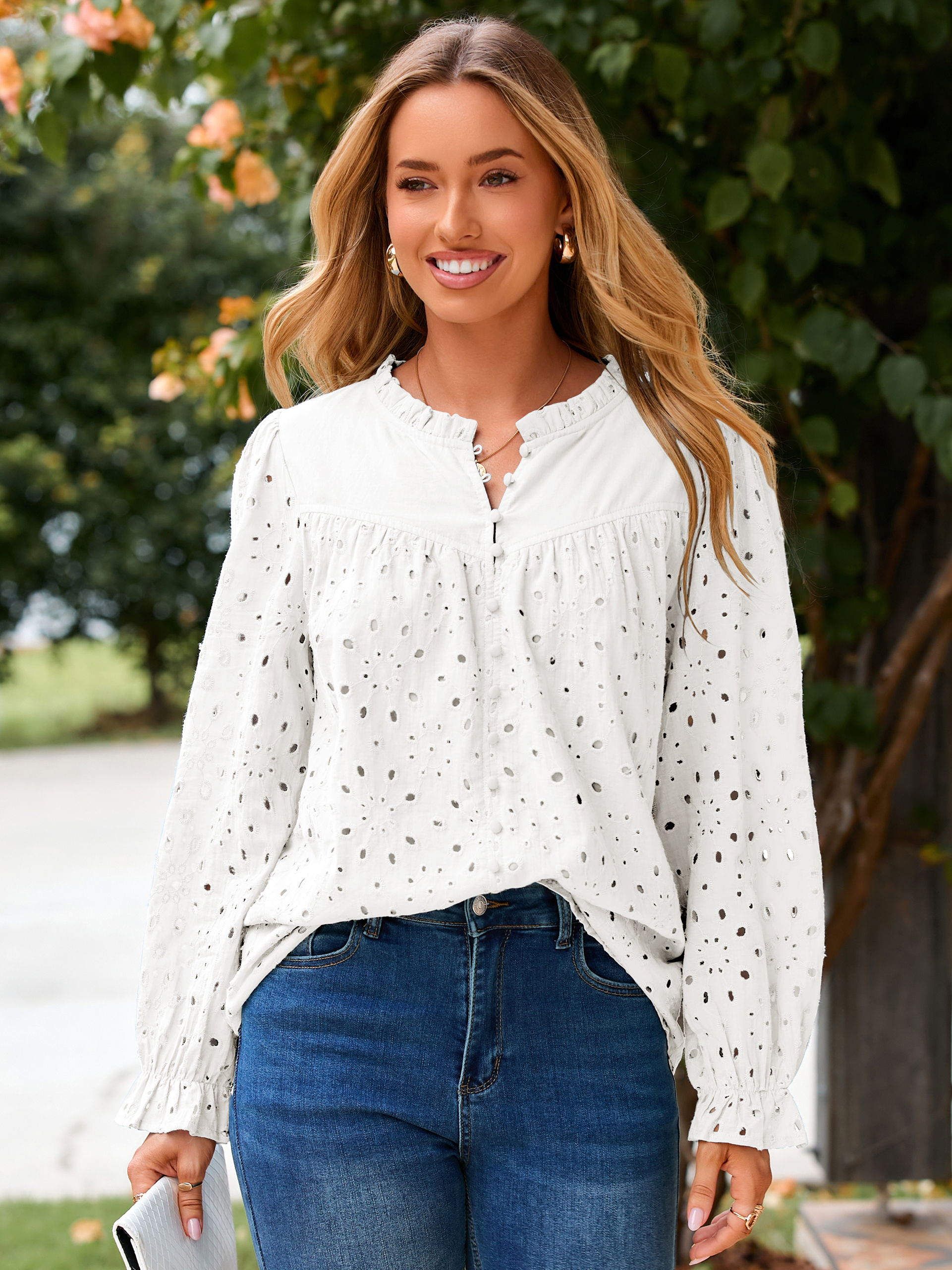 Eyelet Lace Puff Sleeve Button Down Blouse
