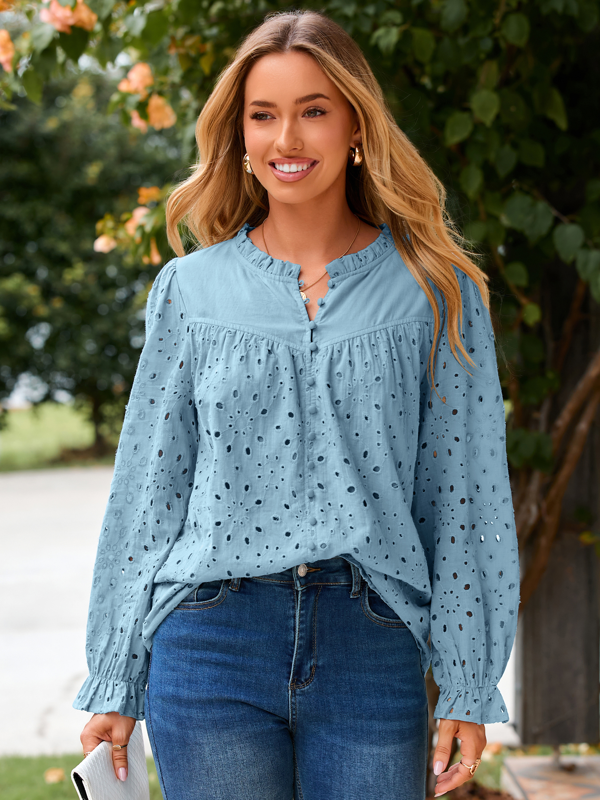 Eyelet Lace Puff Sleeve Button Down Blouse