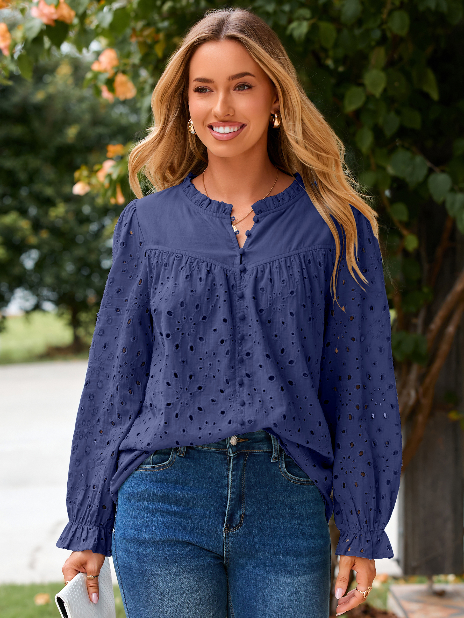 Eyelet Lace Puff Sleeve Button Down Blouse