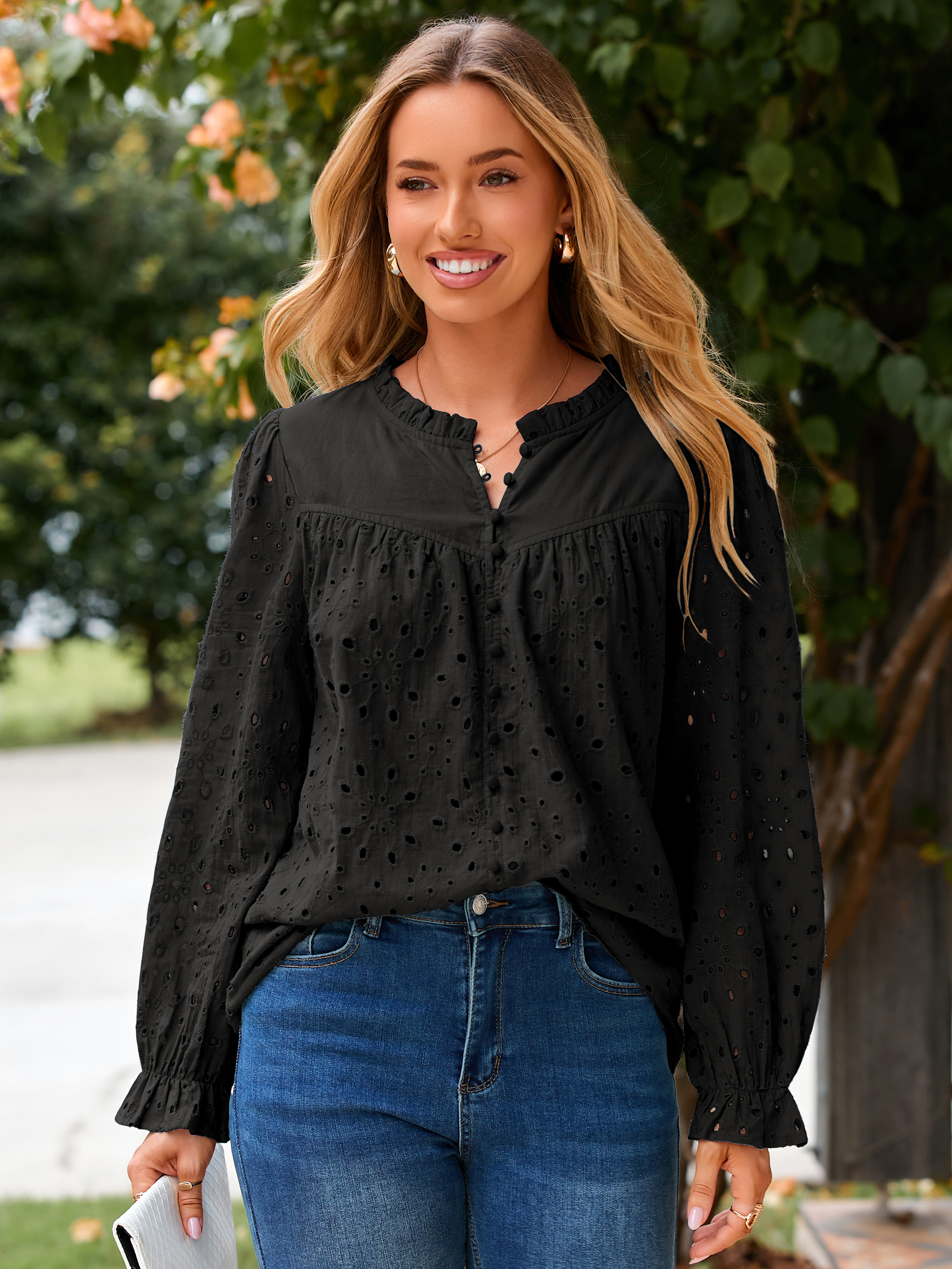 Eyelet Lace Puff Sleeve Button Down Blouse