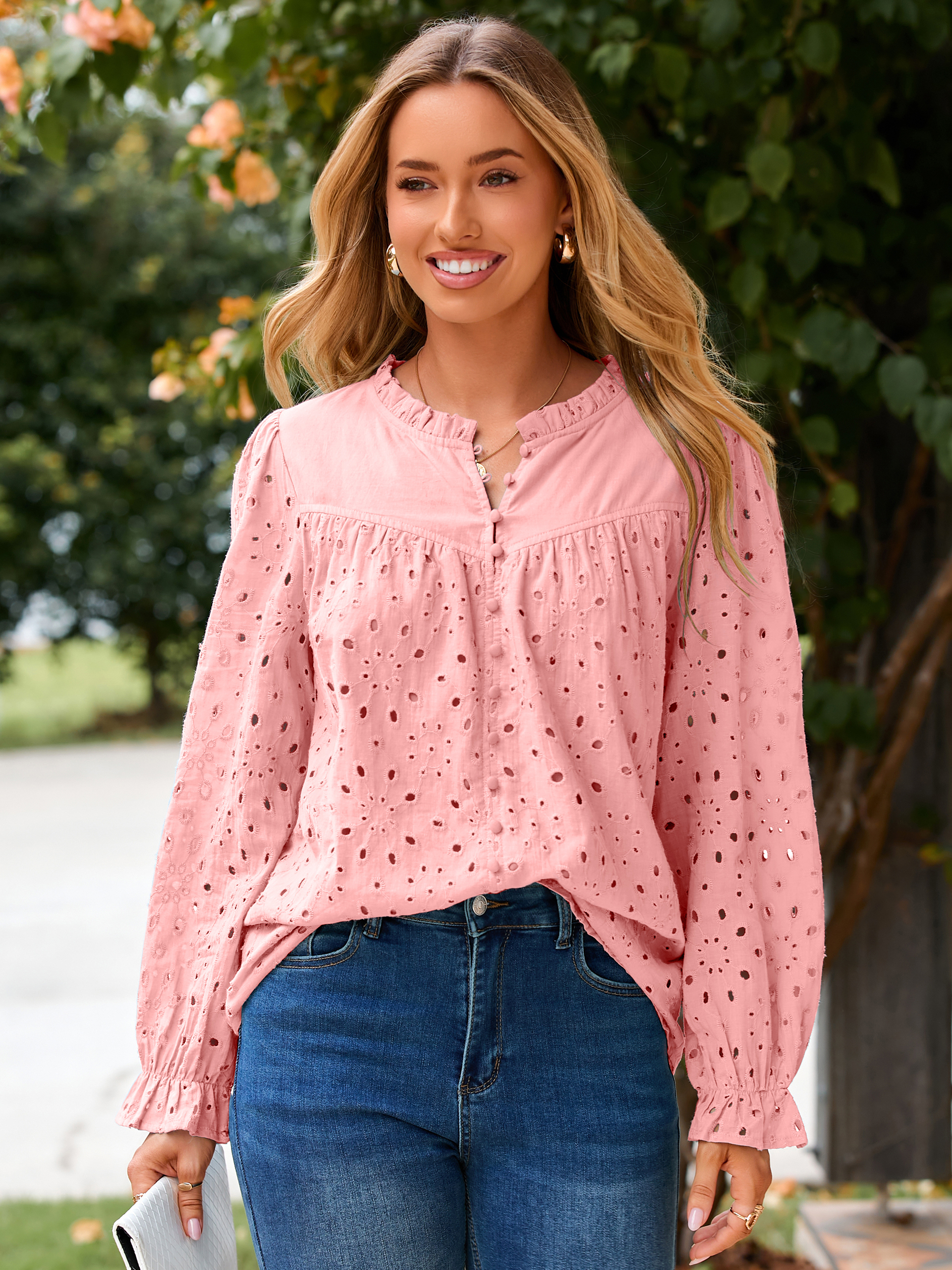 Eyelet Lace Puff Sleeve Button Down Blouse