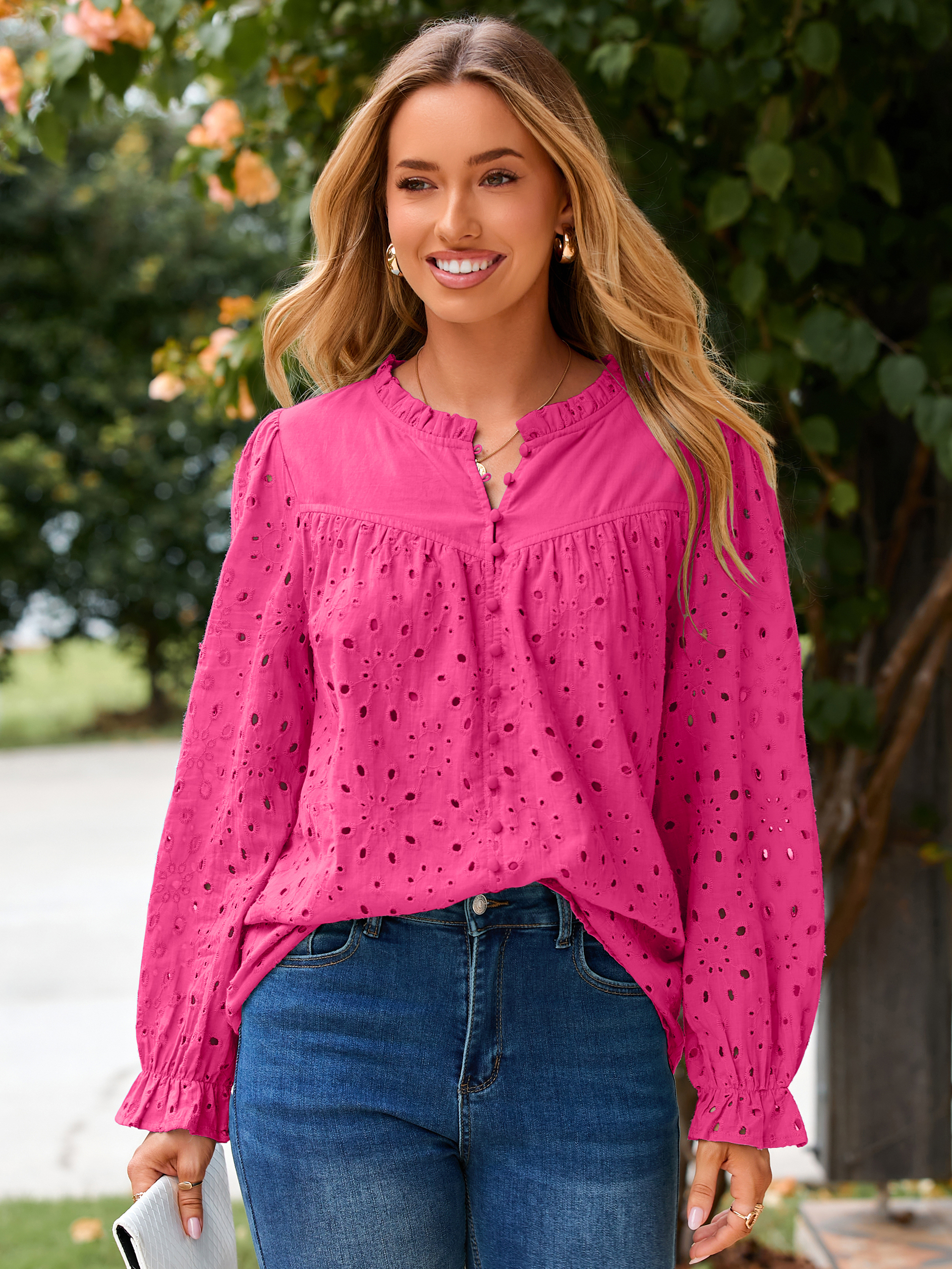 Eyelet Lace Puff Sleeve Button Down Blouse