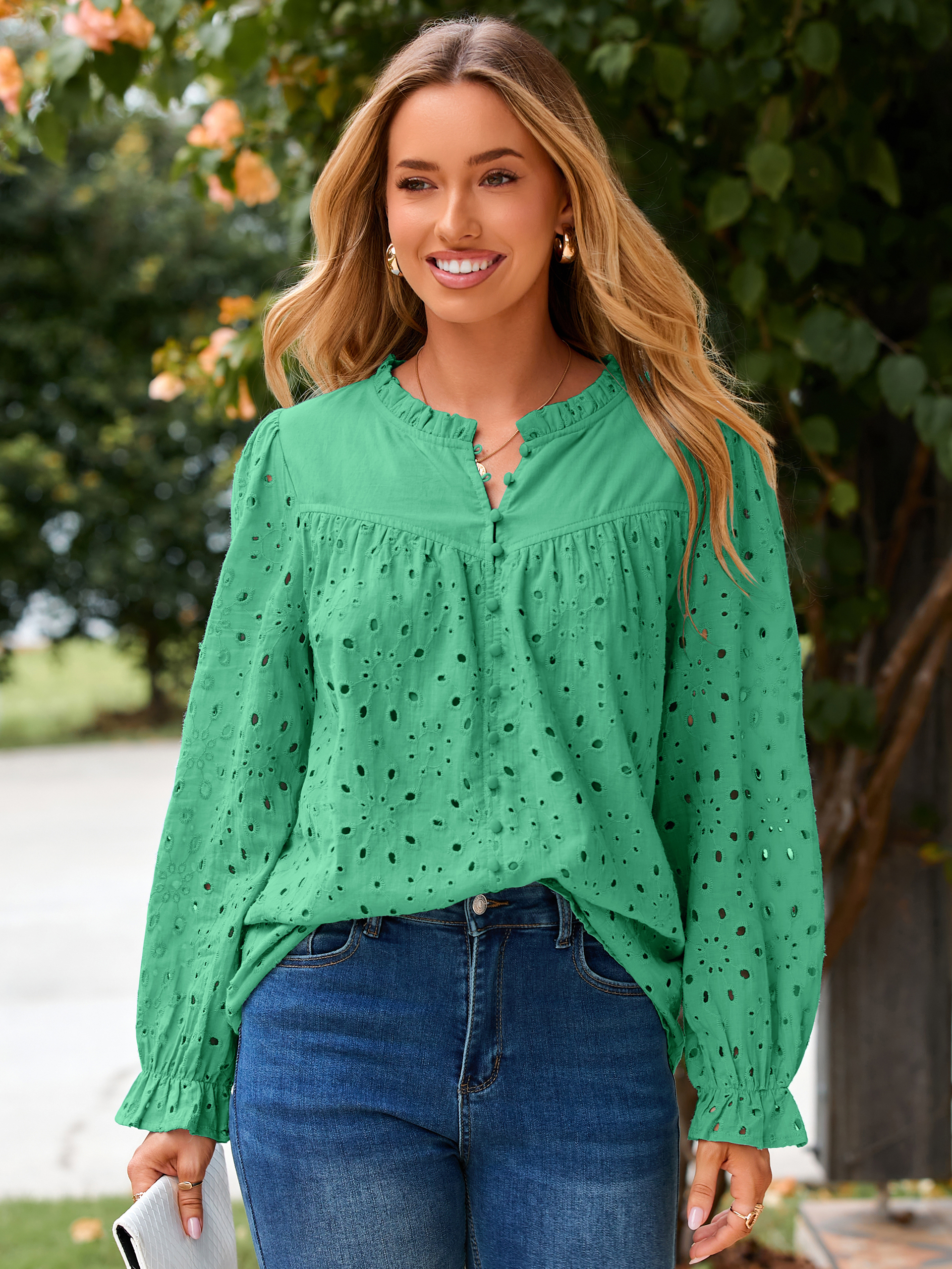 Eyelet Lace Puff Sleeve Button Down Blouse