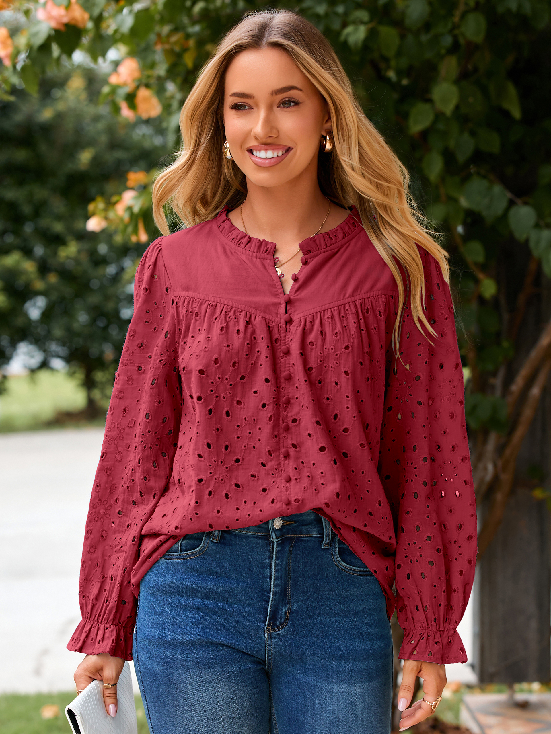 Eyelet Lace Puff Sleeve Button Down Blouse