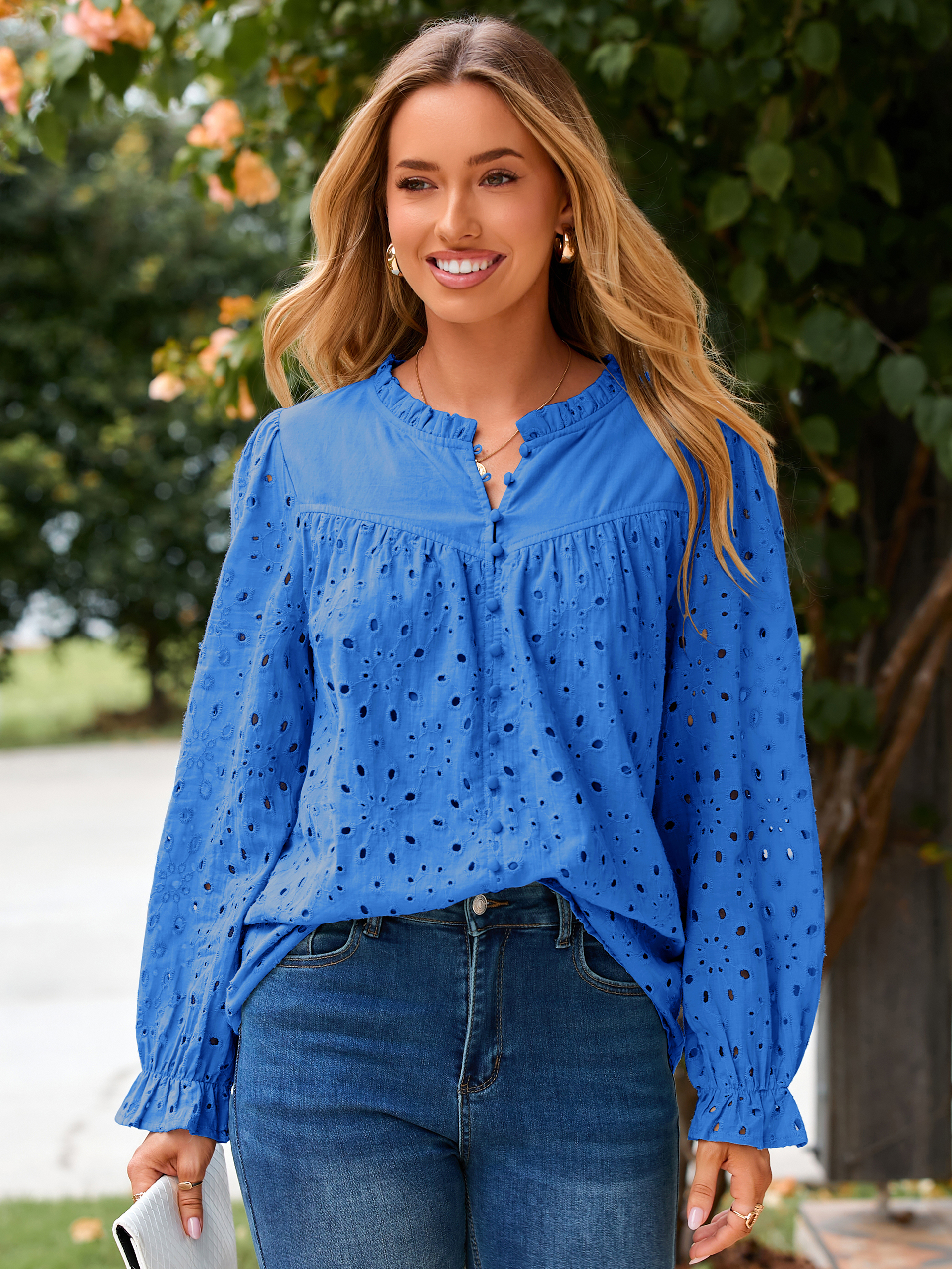 Eyelet Lace Puff Sleeve Button Down Blouse