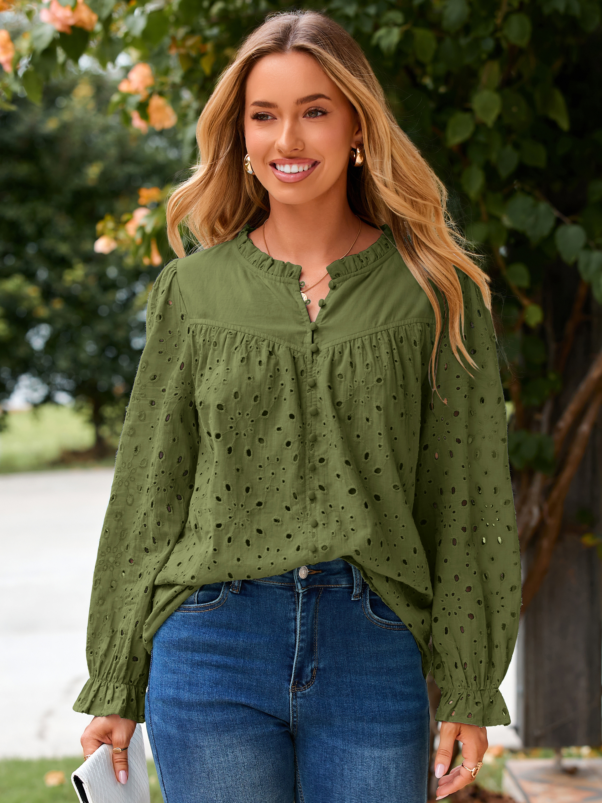 Eyelet Lace Puff Sleeve Button Down Blouse