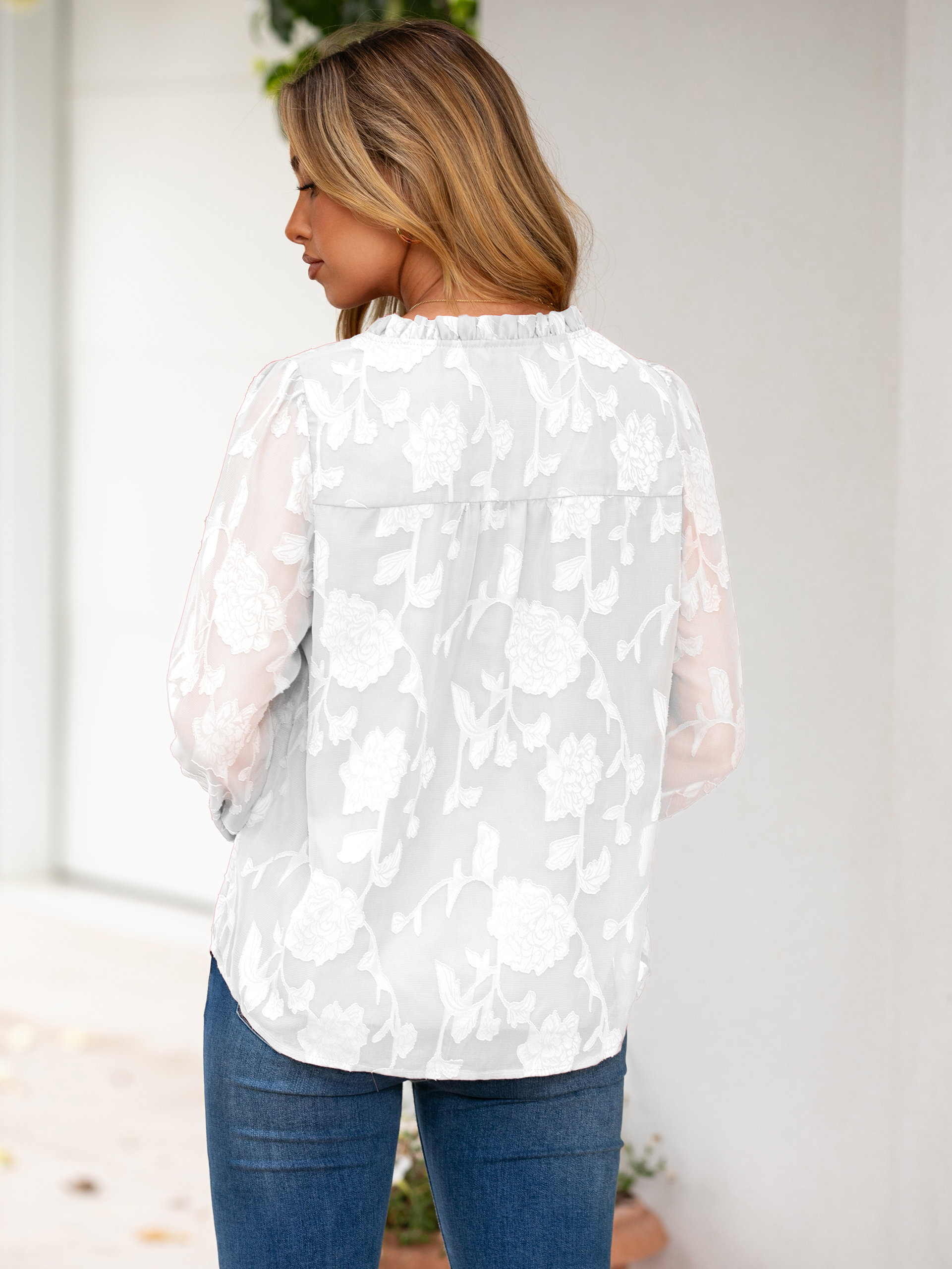 Chiffon Burnout V Neck Long Sleeve Blouse