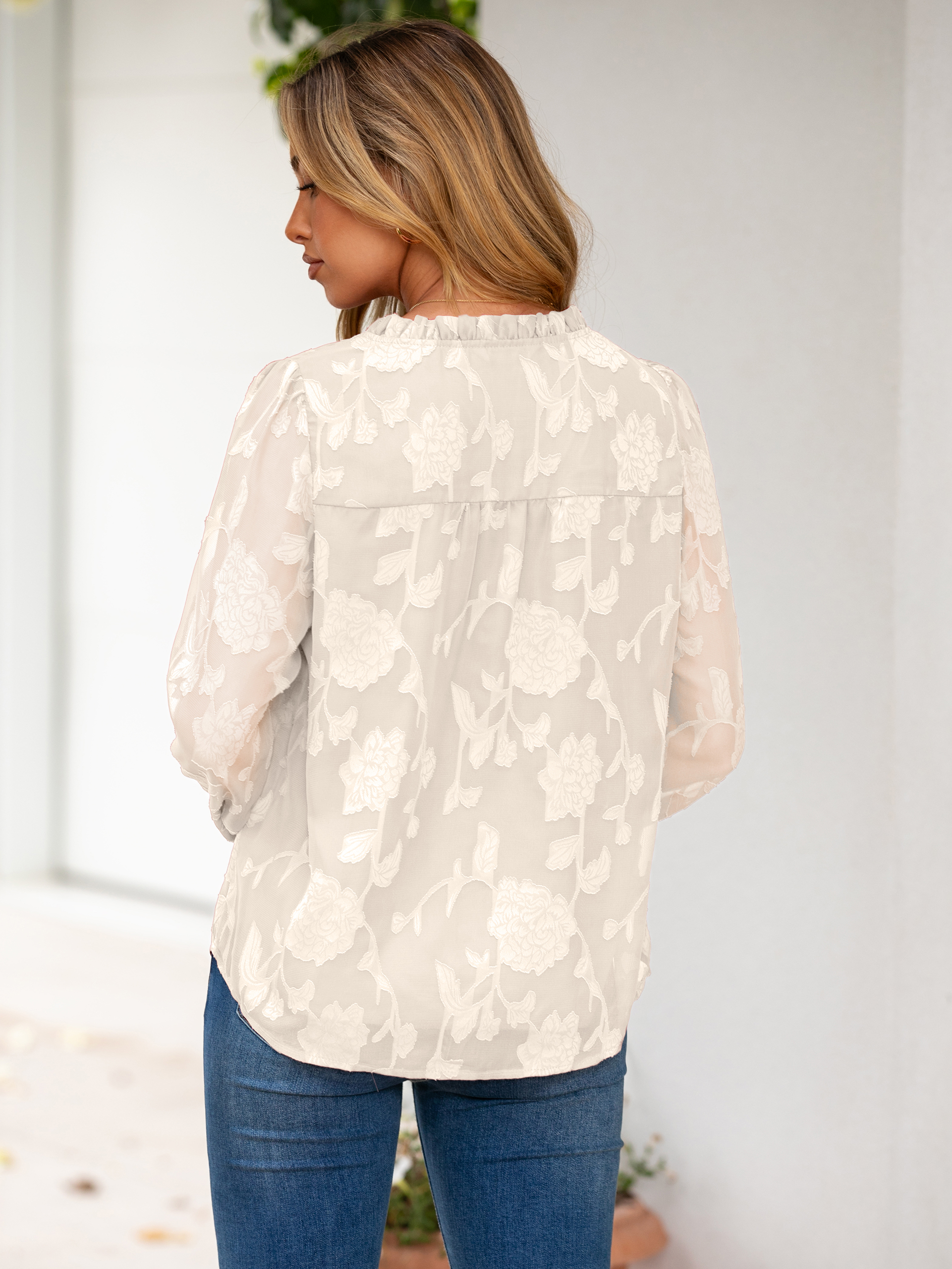 Chiffon Burnout V Neck Long Sleeve Blouse