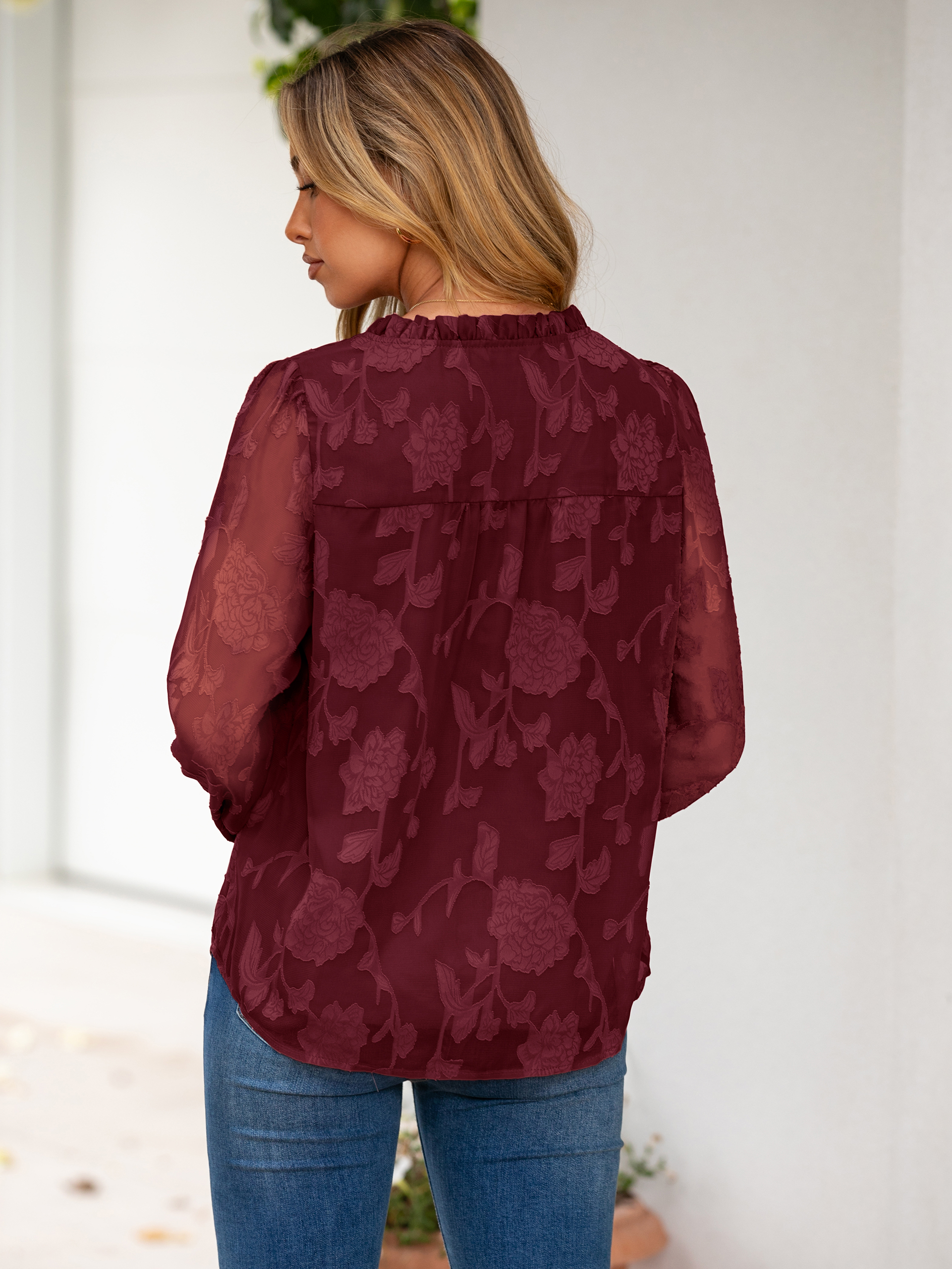 Chiffon Burnout V Neck Long Sleeve Blouse